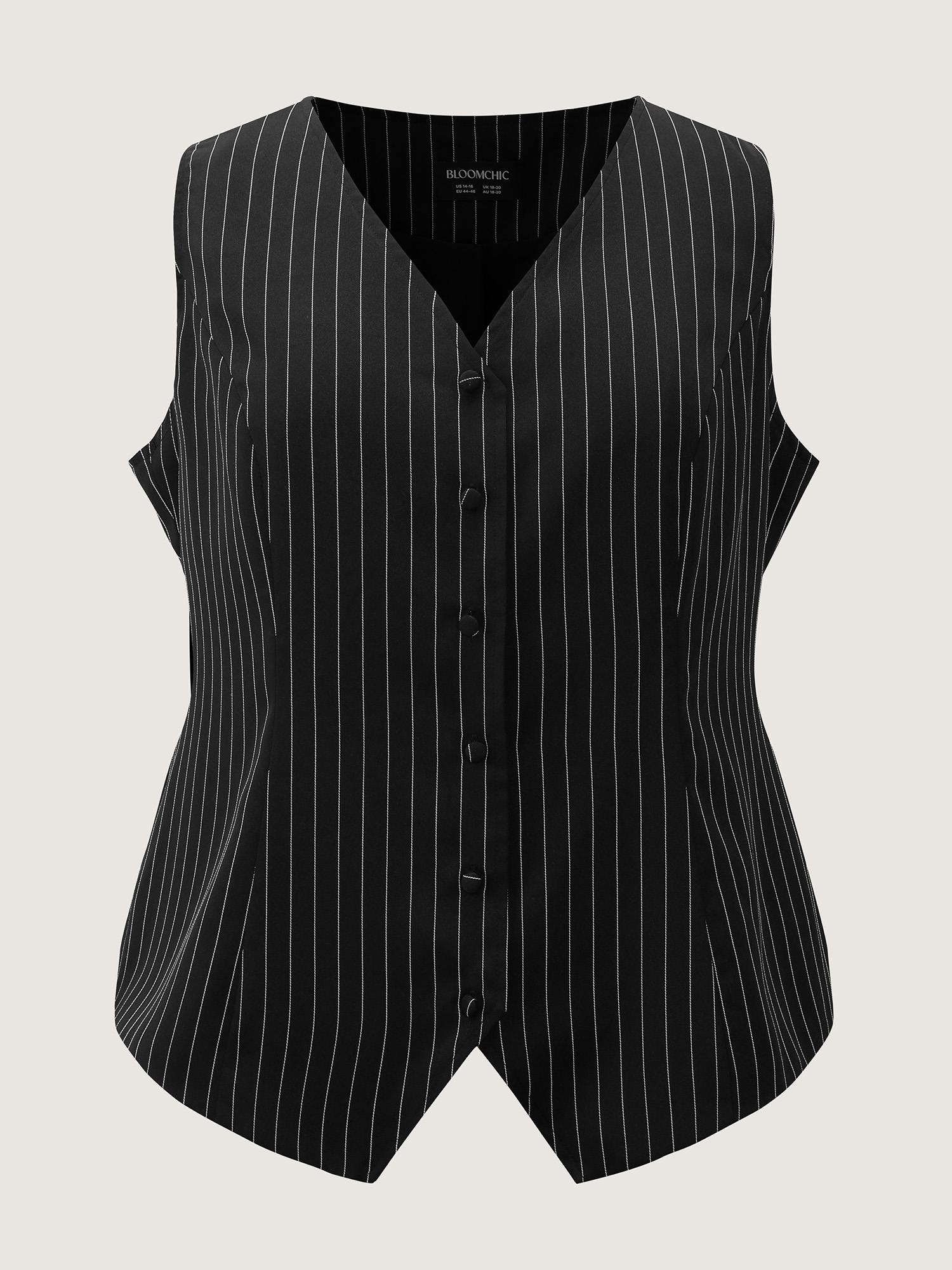 Side view of BloomChic Women's Plus Size Stripe Button Fitted Vest Black 12/L