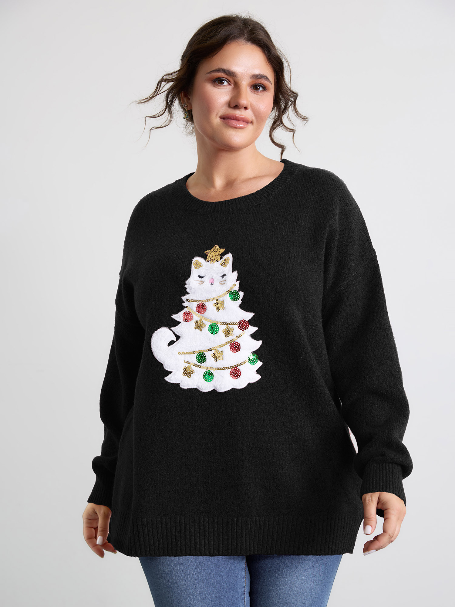 BloomChic Women's Plus Size Festive Cat Tree Colorful Pullover Black Graphic-Christmas Long Sleeve Round Neck 18-20/2X