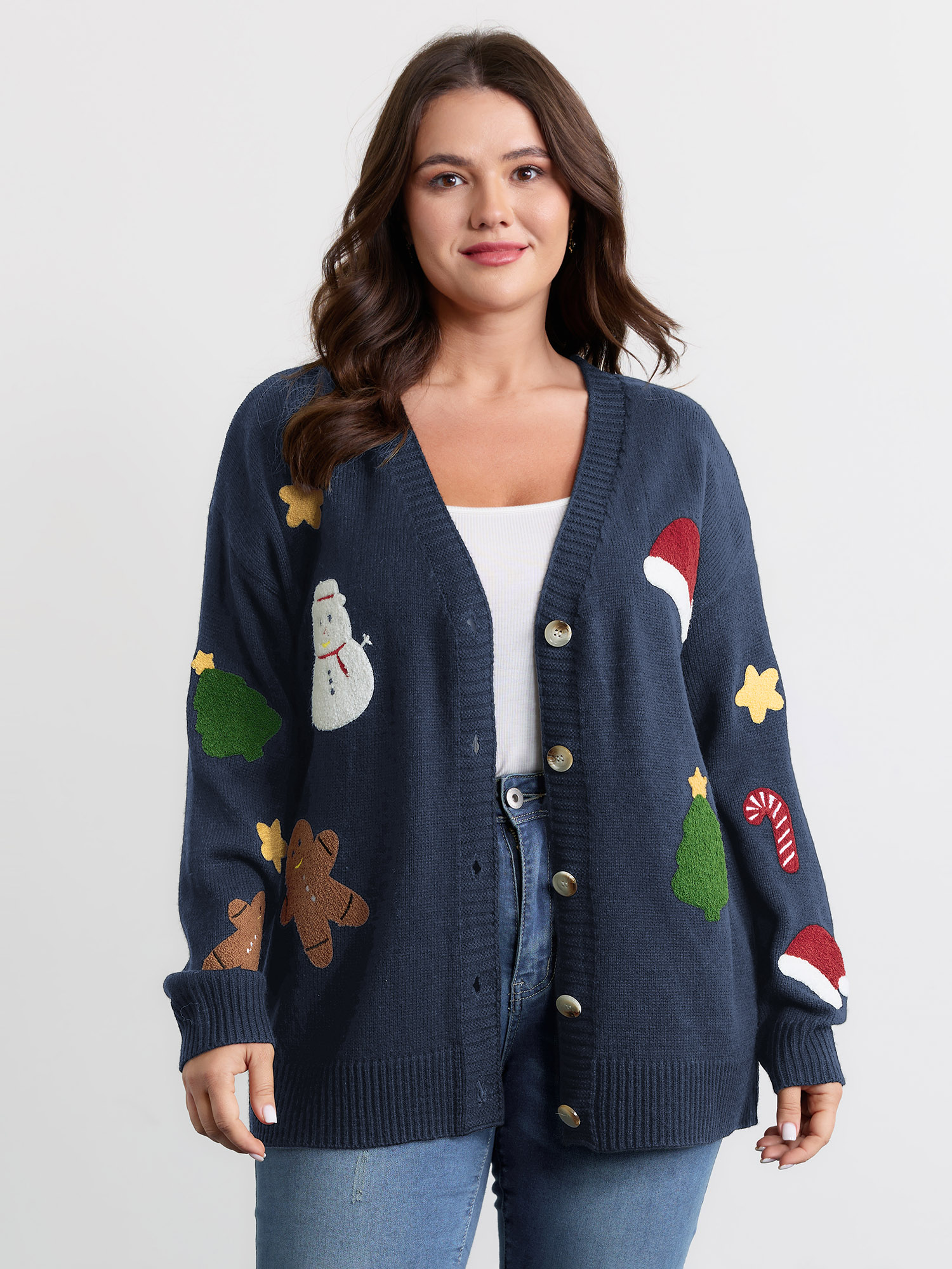 BloomChic Women's Plus Size Gingerbread Santa Embroidery Knit Cardigan Midnight Long Sleeve V-Neck 10/M