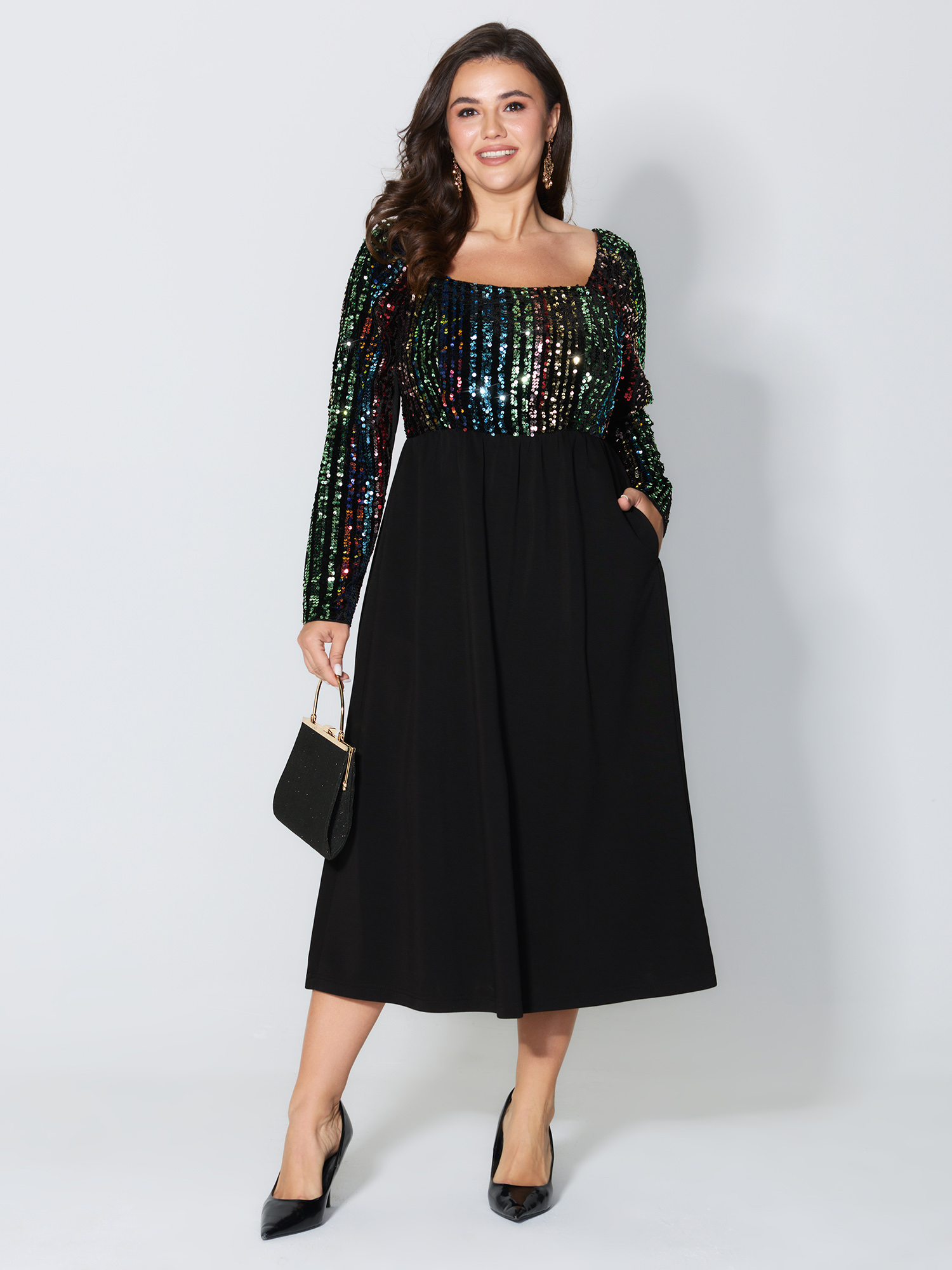 BloomChic Women's Plus Size Sparkly Colorful Sequins Contrast Midi Dress Black Else Midi Occasion Colorblock 10/M
