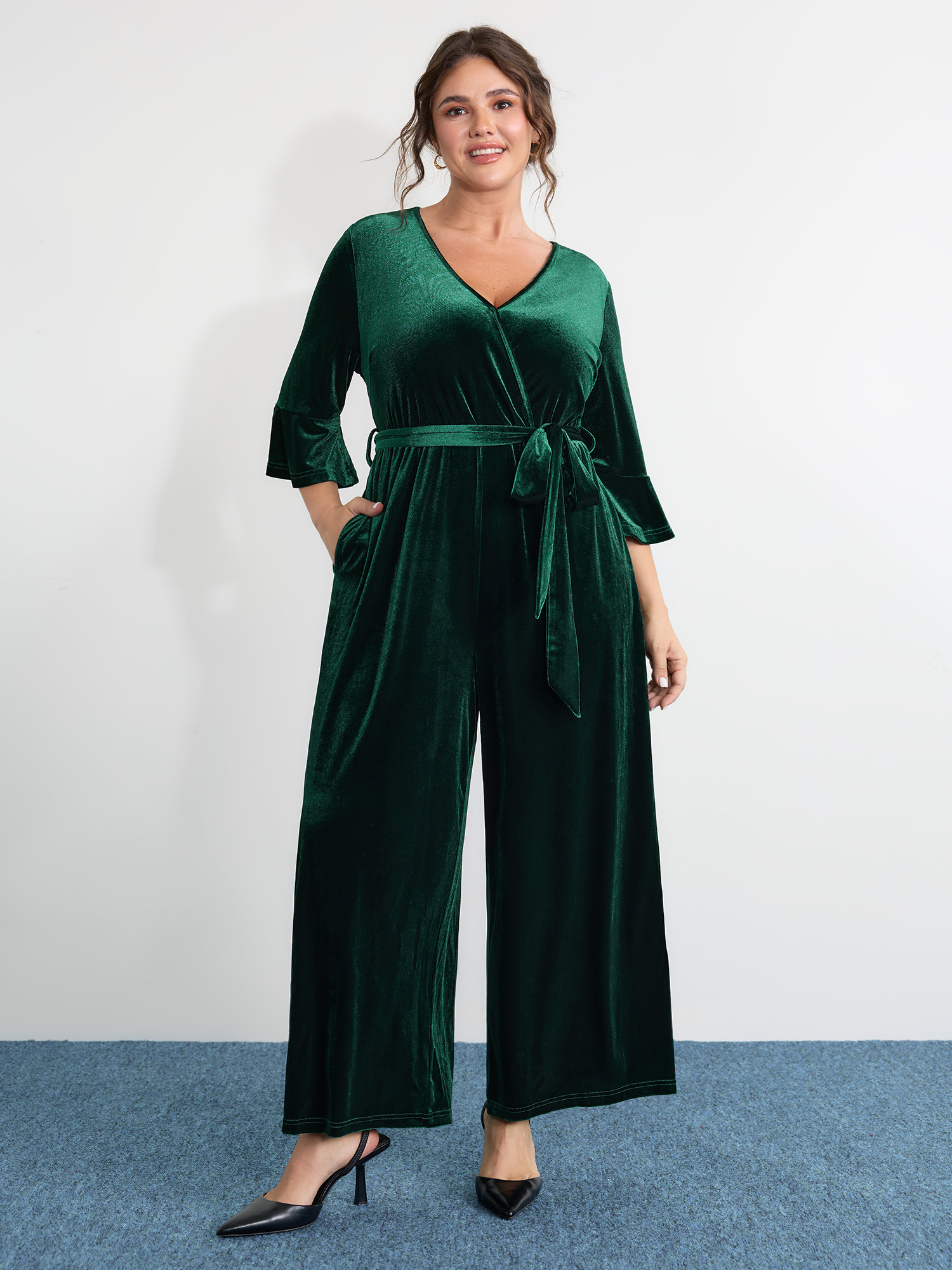 BloomChic Plus Size Velvet Belted Wide-Leg Pockets Jumpsuit - Curve Women's DarkGreen Playsuit - Hidden Pocket Wide leg Jumpsuits 18-20/1X