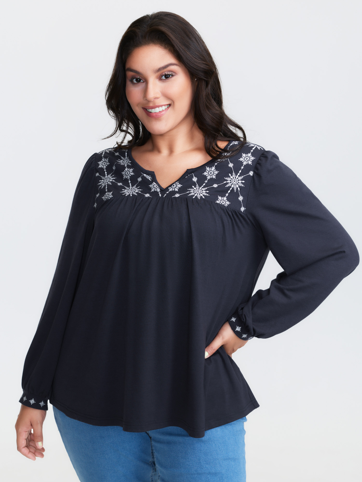 BloomChic Women's Plus Size Holiday Embroidered Neckline Pleated Knit Top DarkBlue Long Sleeve Everyday-Casual V-Notch Neck 12/L