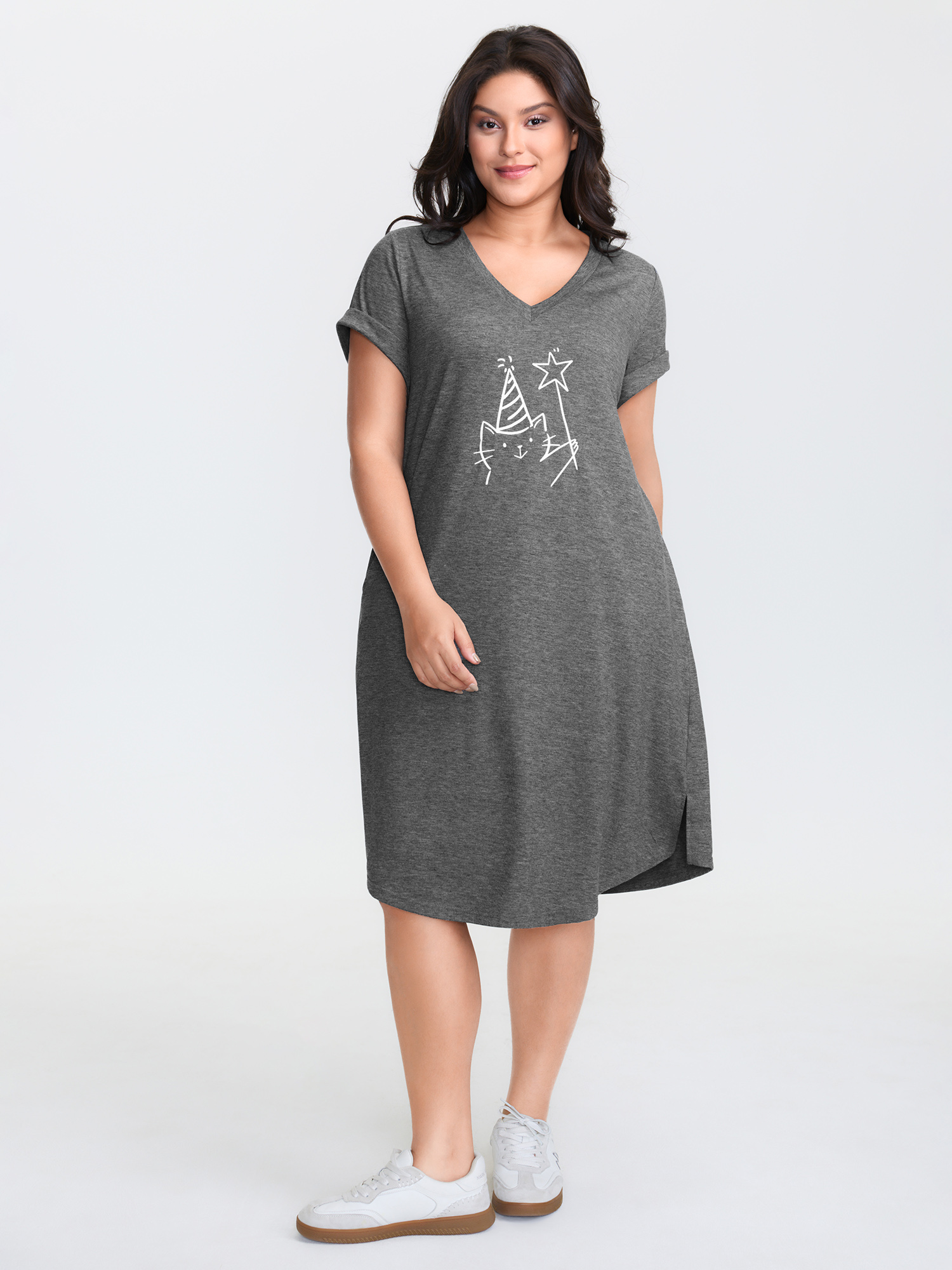 BloomChic Women's Plus Size Supersoft Happy Cat Motif V-Neck Mini Dress DimGray Solid Midi Everyday-Casual Non 10/M