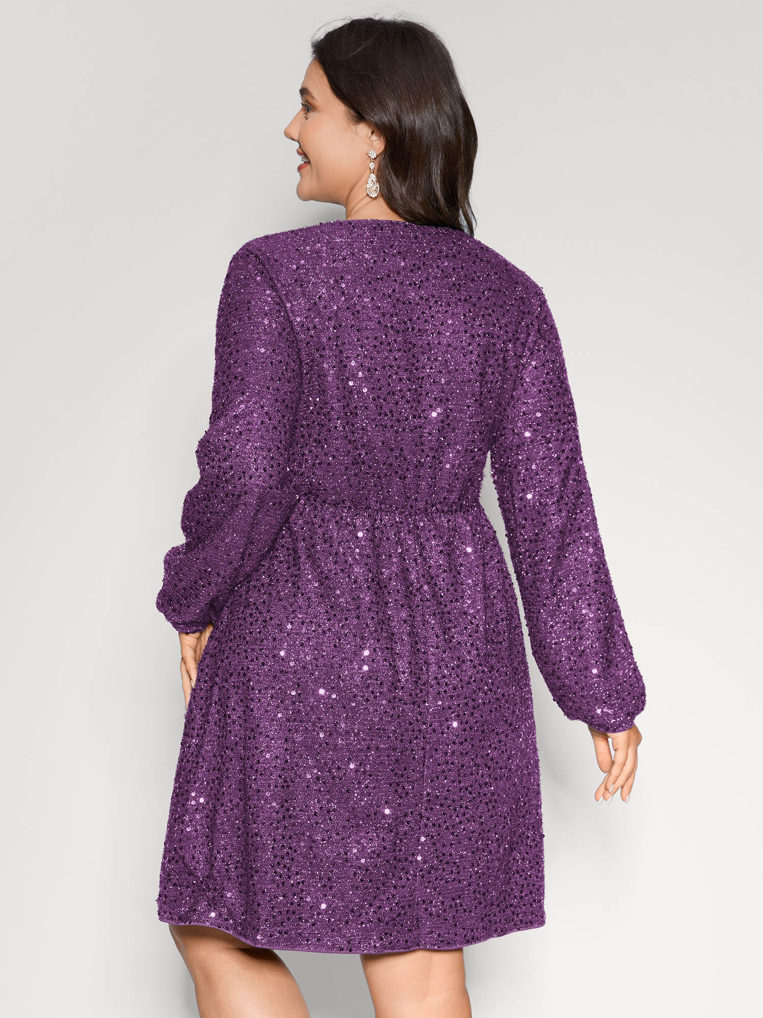 Side view of BloomChic Women's Plus Size Shimmery Sequin V-Neck Knee Dress Deeppurplered Party Smocked V-Neck 14-16/1X
