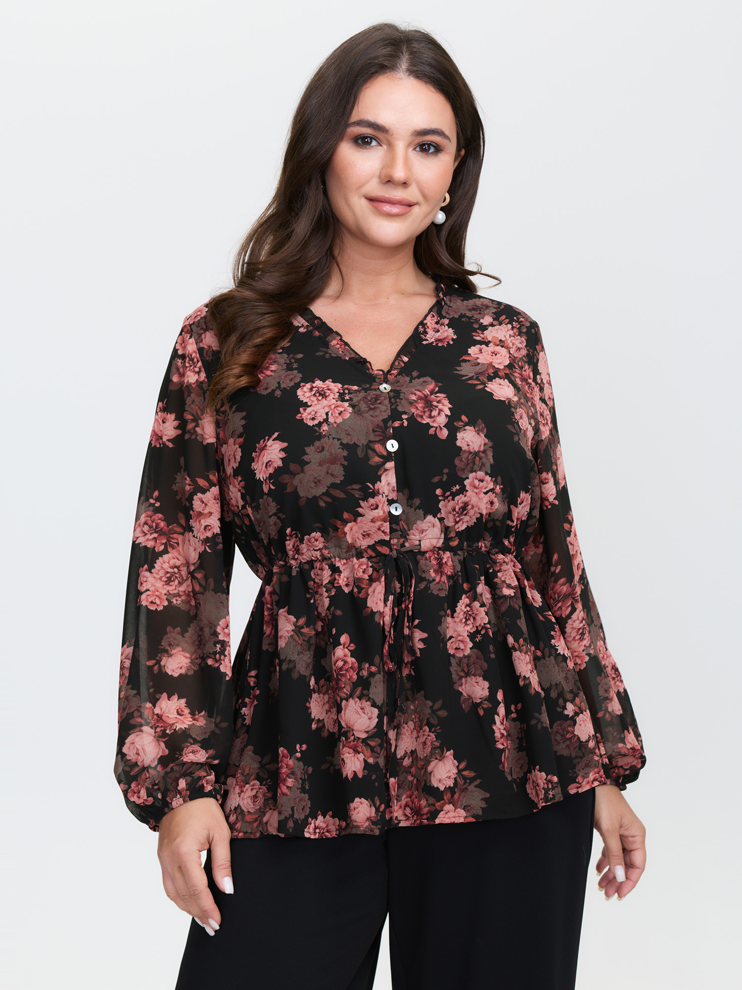 BloomChic Women's Plus Size Floral Print Sheer Ruffled Blouse BlackFlower Ditsy Floral Everyday-Elegant Long Sleeve V-Neck 30/6X