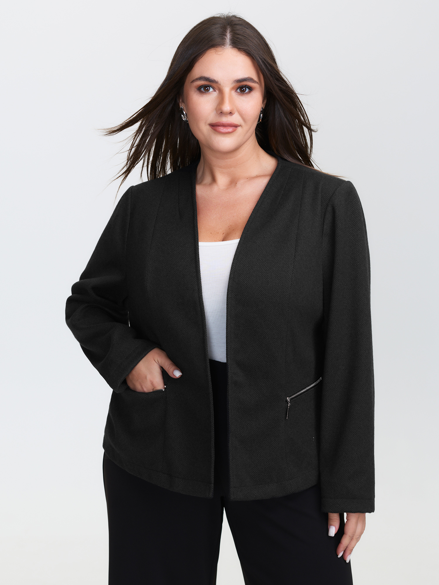 BloomChic Women's Plus Size Textured Lined Zipper Pocket Blazer Black Sleeve Long Sleeve 14-16/1X-image-47619680403626