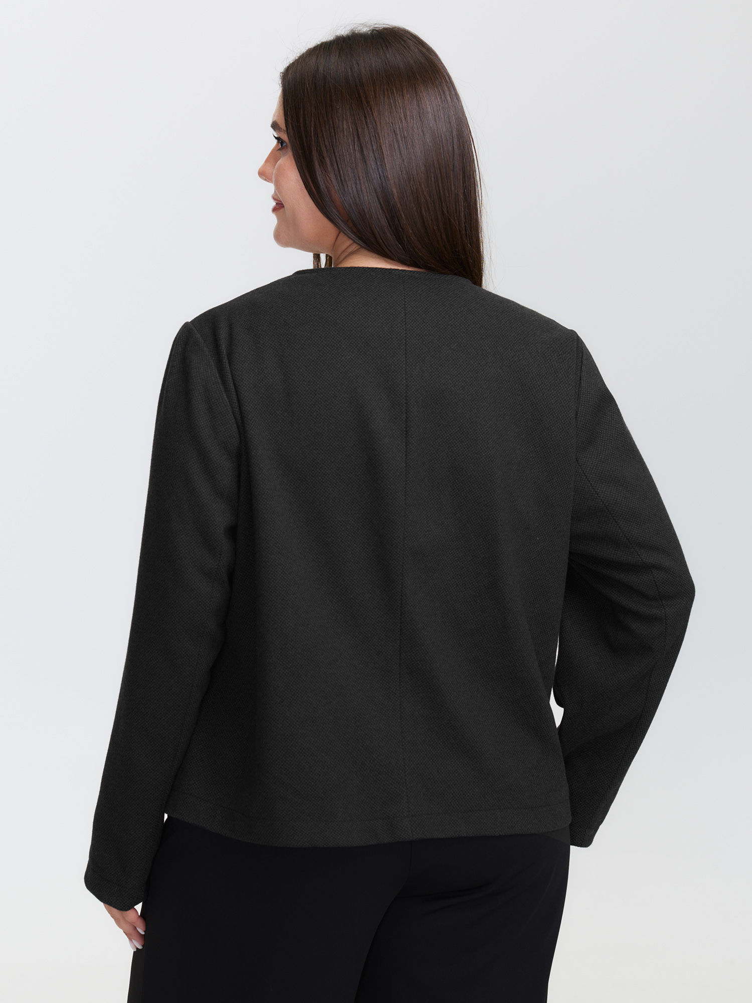 Side view of BloomChic Women's Plus Size Textured Lined Zipper Pocket Blazer Black Sleeve Long Sleeve 10/M