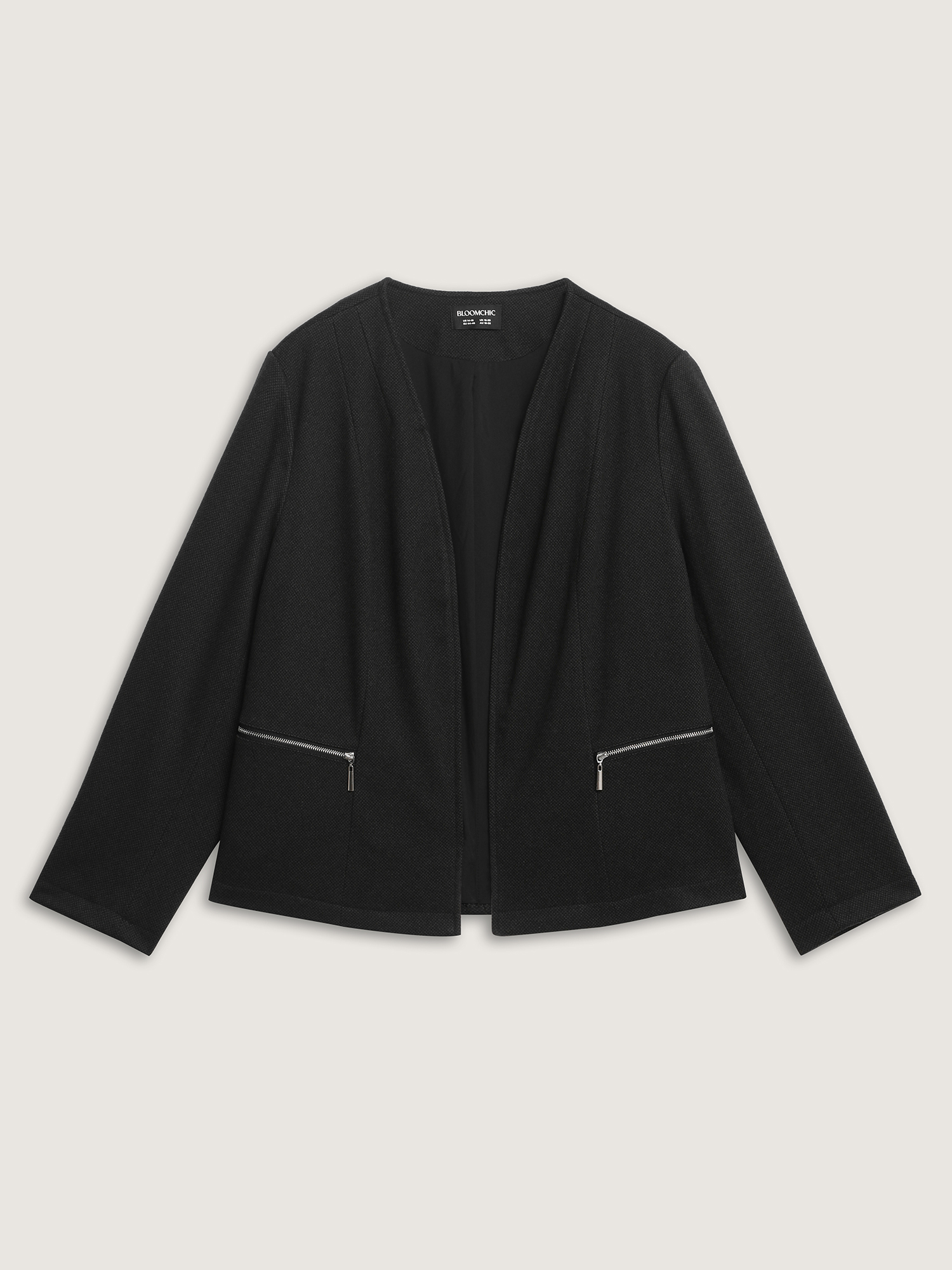 Side view of BloomChic Women's Plus Size Textured Lined Zipper Pocket Blazer Black Sleeve Long Sleeve 10/M