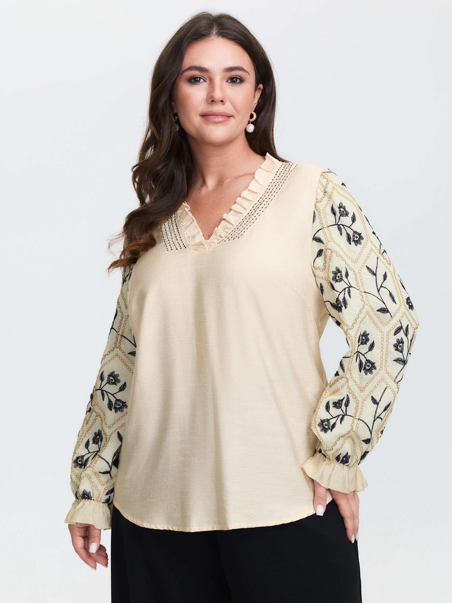 BloomChic Women's Plus Size Floral Embroidered Sleeve Rayon Blouse Beige Floral Everyday-Elegant Long Sleeve 10/M