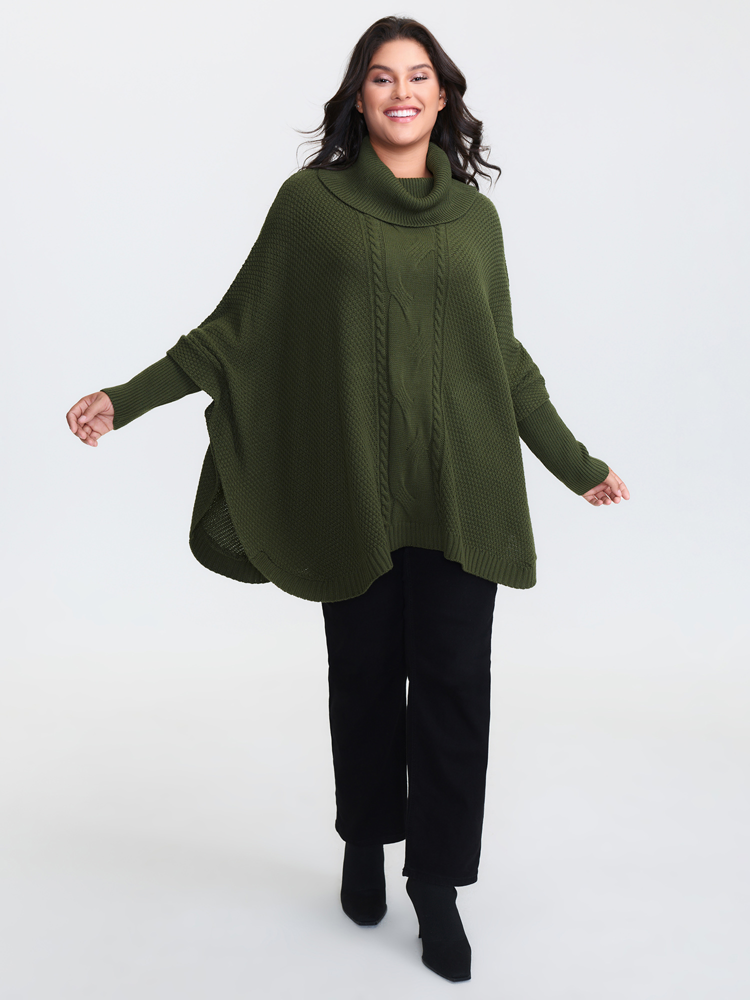 BloomChic Women's Plus Size Cableknit Turtleneck Flowy Hem Pullover ArmyGreen not graphics Long Sleeve Funnel Neck 10/M