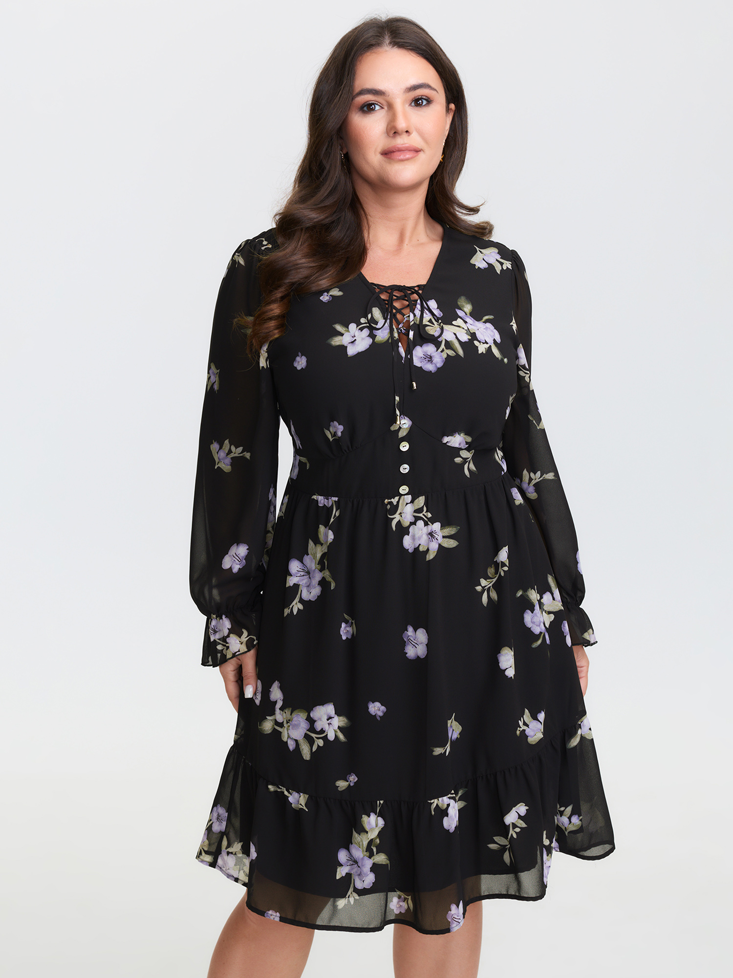 BloomChic Women's Plus Size Chiffon Adjustable Bust Sheer Midi Dress Black Floral Knee Everyday-Elegant 22-24/3X