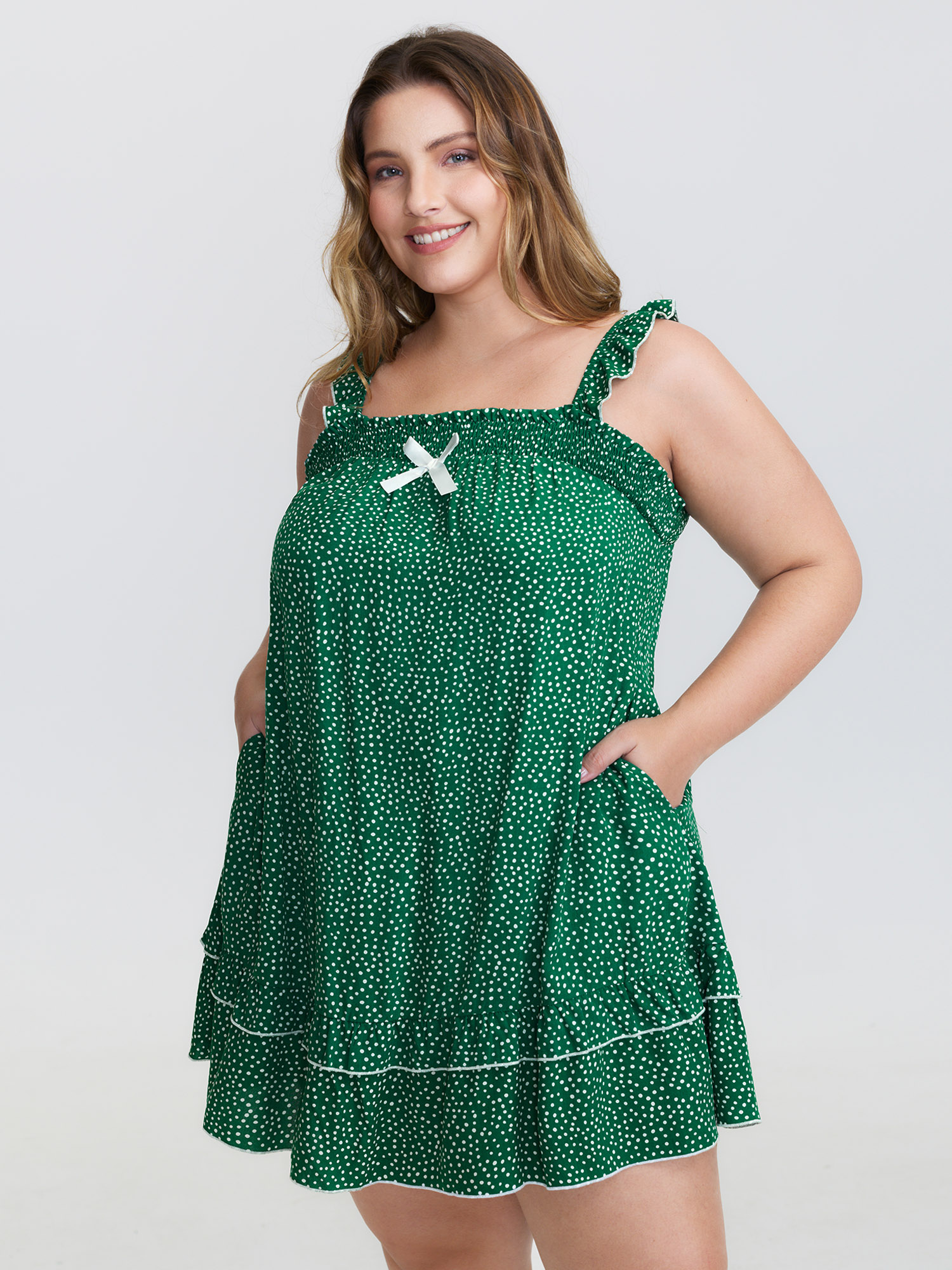 Side view of BloomChic Women's Plus Size Floral Print Ruffled Straps Lounge Mini Nightgown DarkGreen Sleeveless Short 26/4X