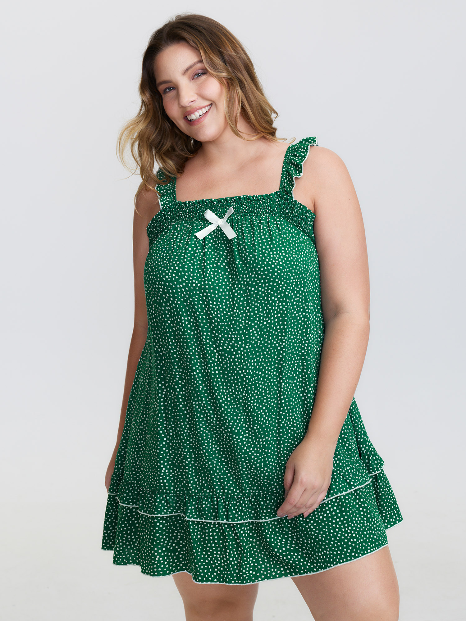 Side view of BloomChic Women's Plus Size Floral Print Ruffled Straps Lounge Mini Nightgown DarkGreen Sleeveless Short 26/4X