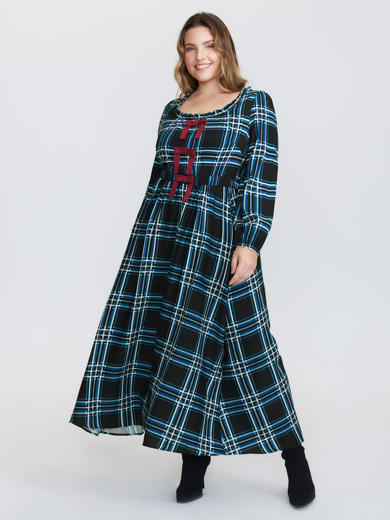 BloomChic Women's Plus Size Plaid Pattern Bowknot Pockets Maxi Dress DarkGreen Plaid Maxi Everyday-Casual Colorblock 28/5X