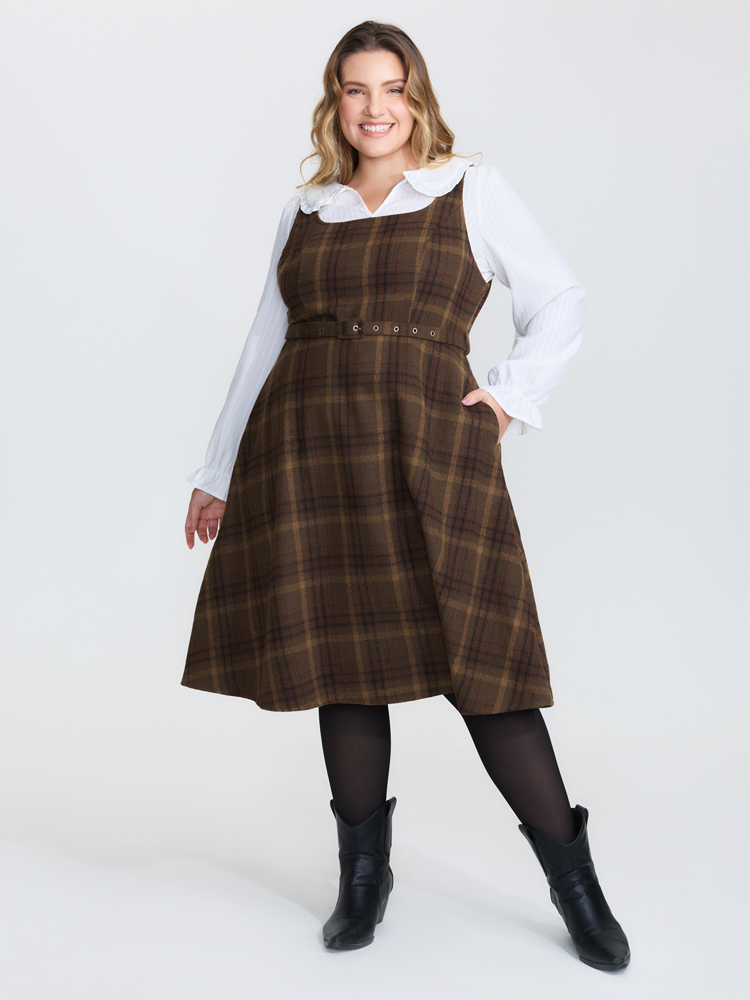 BloomChic Women's Plus Size Plaid Pattern Adjustable Belt Midi Dress DarkBrown Plaid Midi Everyday-Casual Belted 10/M