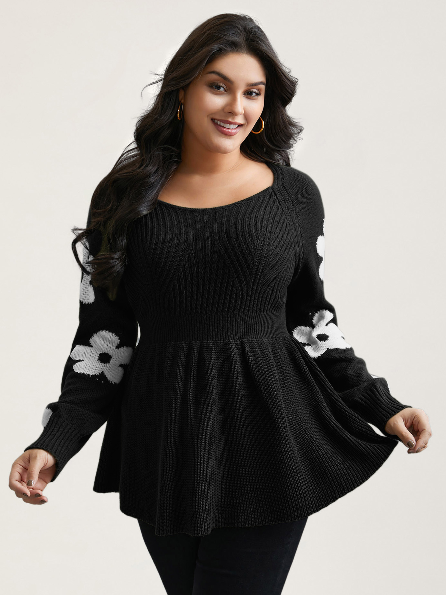 BloomChic Plus Size Floral Patch Jacquard Cinched Waist Pullover - Curve Women's Winter Sweetheart Neck Fit & Flare Wide Waistband Black Raglan sleeve Pullovers 14/M