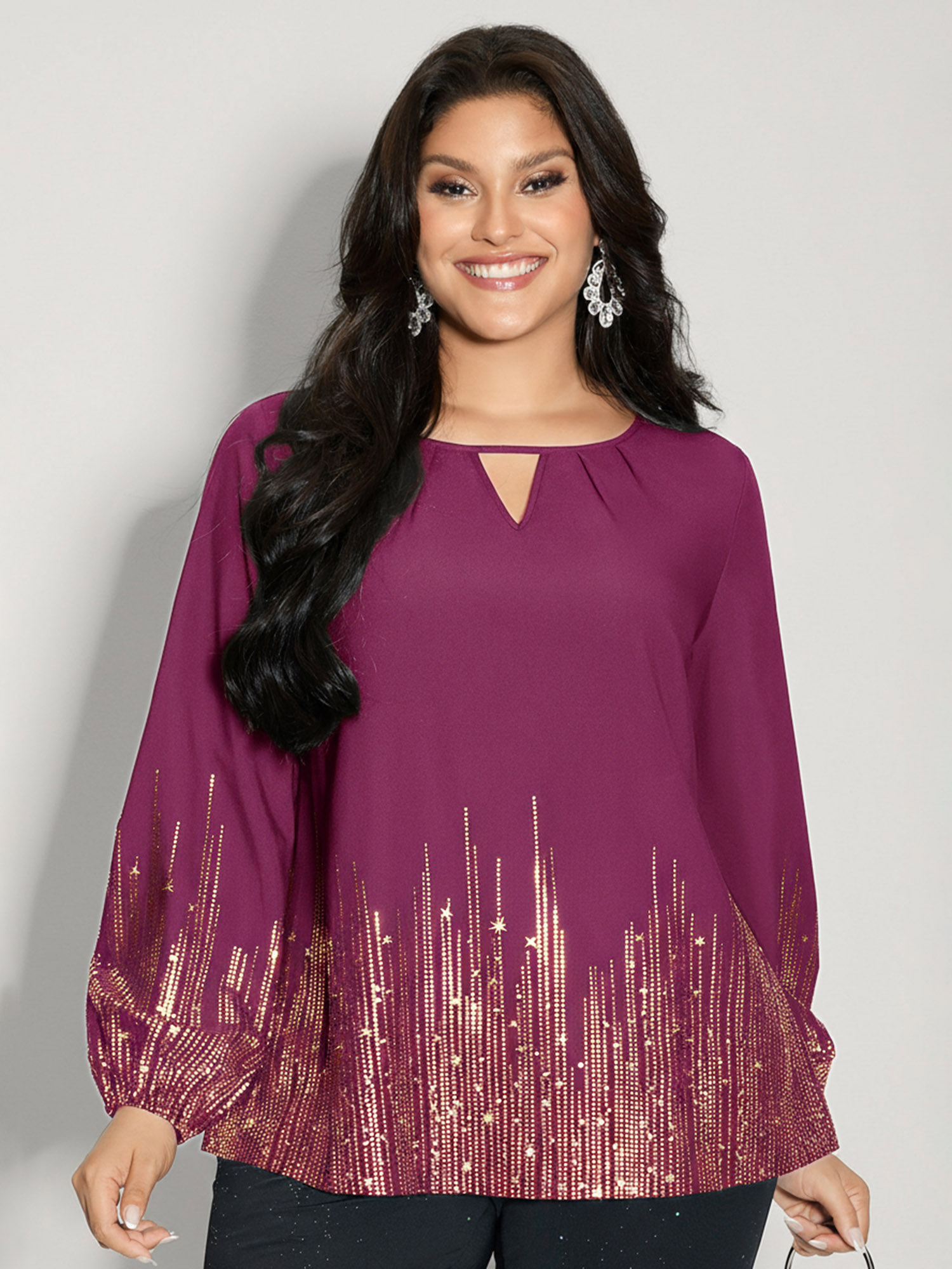 BloomChic Women's Plus Size Shimmery Cut-Out Neck Blouse Deeppurplered Metallic Party Long Sleeve Round Neck 28/5X