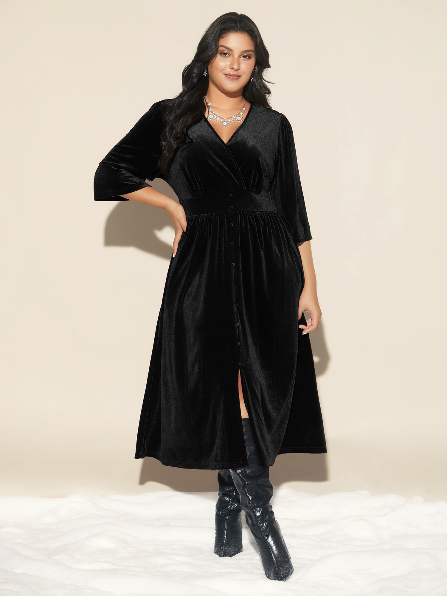 BloomChic Women's Plus Size Velvet Ruched Surplice Neckline Midi Dress Black Party Midi Smocked V-Neck 10/M-image-47788445008042