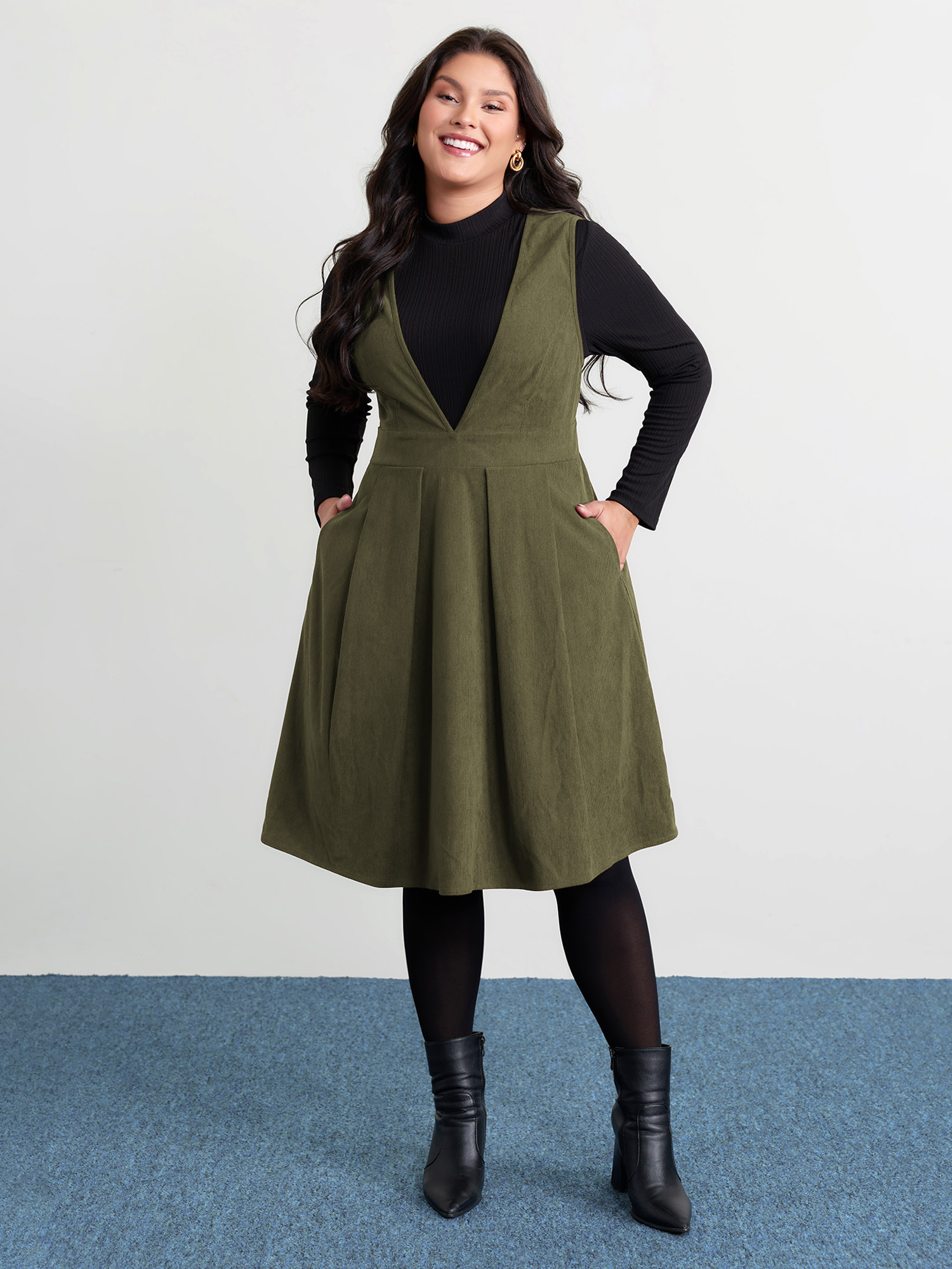 BloomChic Plus Size Corduroy Stretchy Waist V-Neck Mini Dress - Curve Ladies ArmyGreen Elegant Sleeveless Solid Side Pocket Daily Dresses 16/L