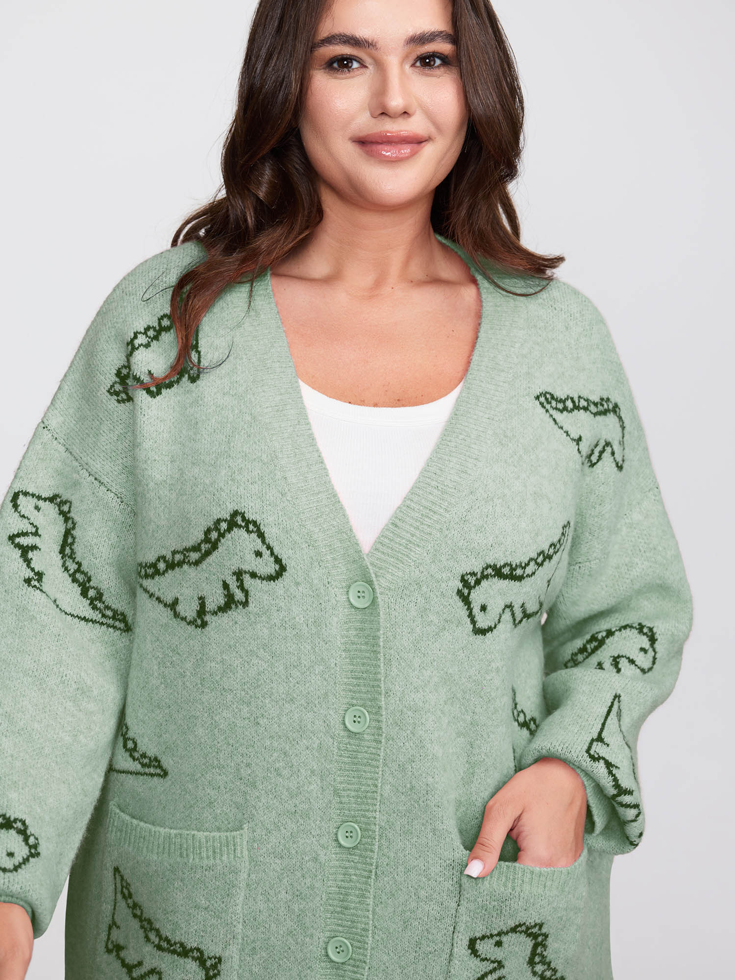 BloomChic Women's Plus Size Jacquard Dinosaur Print Knit Cardigan Greenbean Long Sleeve V-Neck 14-16/1X