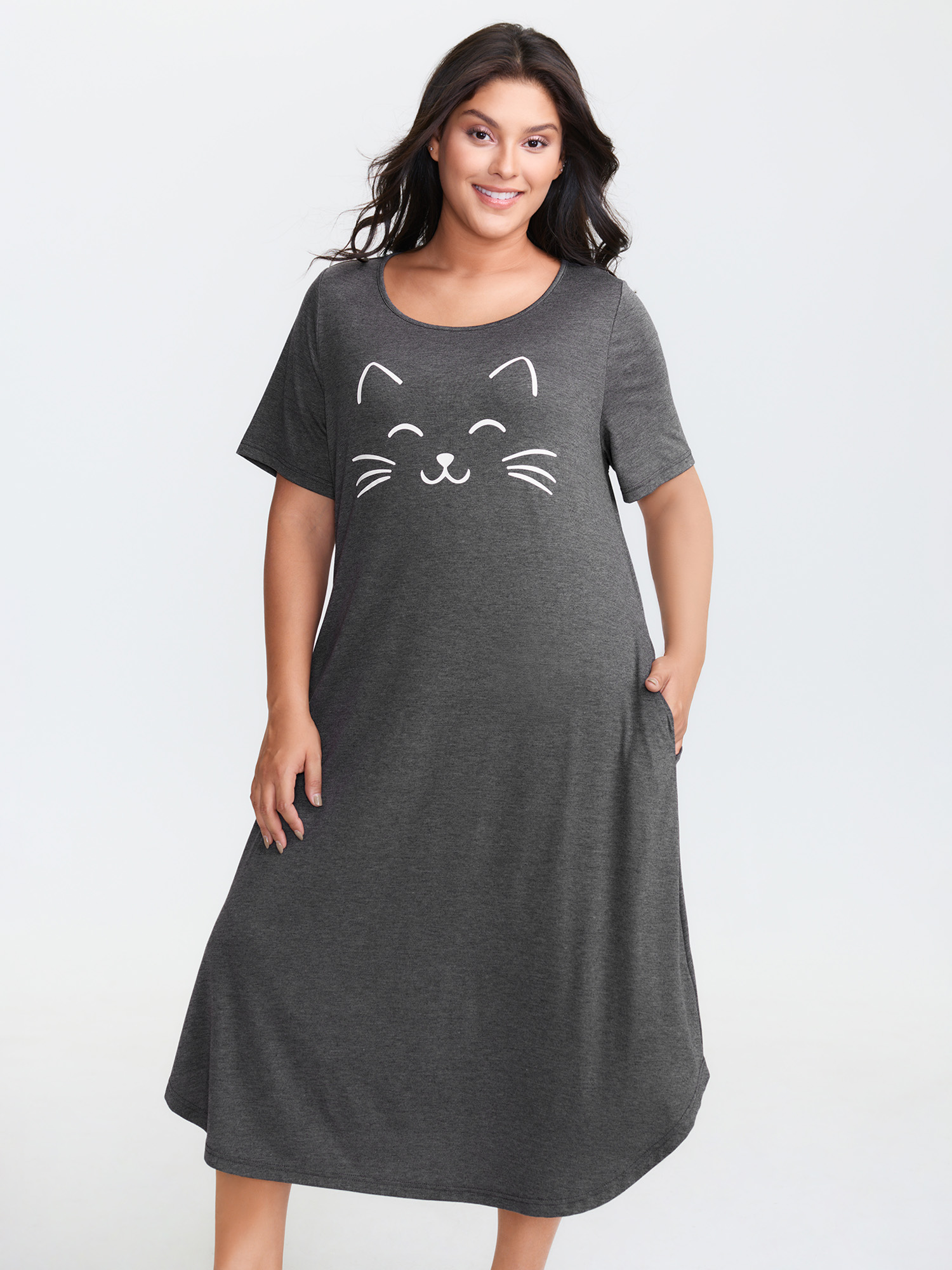 BloomChic Women's Plus Size Happy Cat Print Stretchy Contrast Nightgown DimGray Short sleeve Round Neck 18-20/2X-image-47621269684394