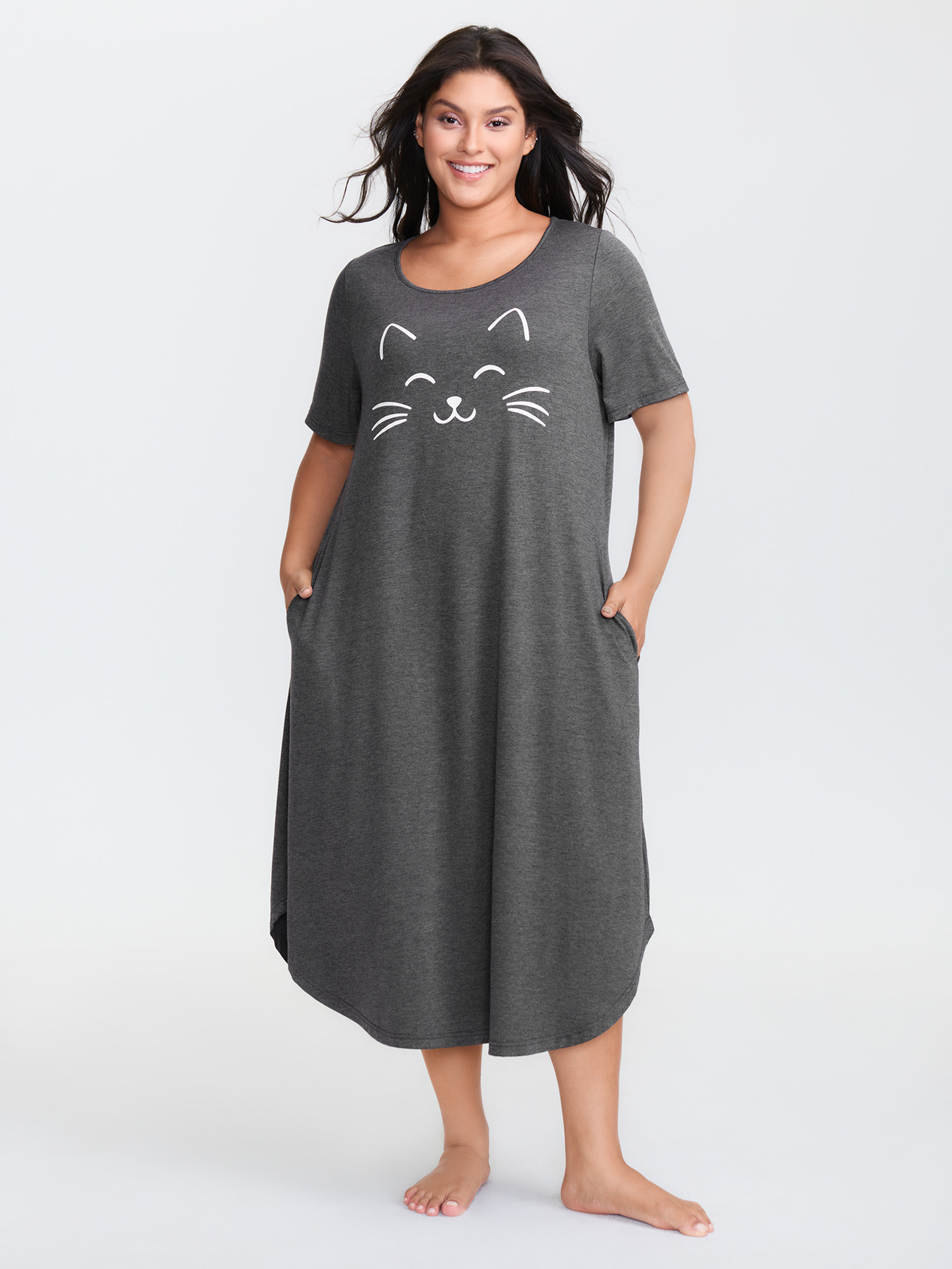 Side view of BloomChic Women's Plus Size Happy Cat Print Stretchy Contrast Nightgown DimGray Short sleeve Round Neck 10/M