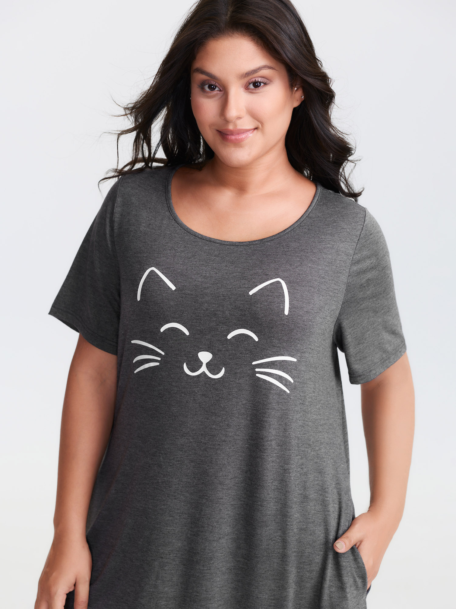 Side view of BloomChic Women's Plus Size Happy Cat Print Stretchy Contrast Nightgown DimGray Short sleeve Round Neck 10/M