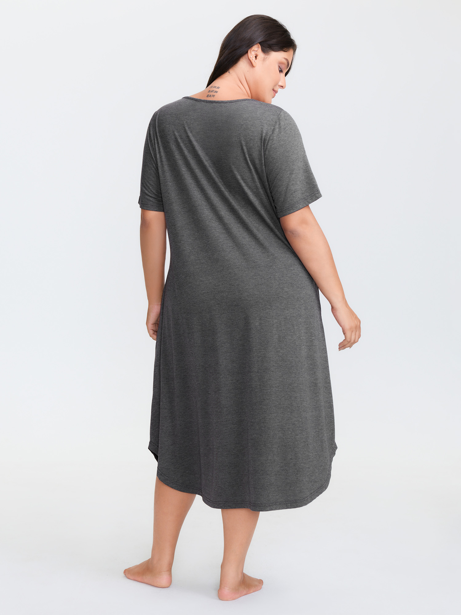 Side view of BloomChic Women's Plus Size Happy Cat Print Stretchy Contrast Nightgown DimGray Short sleeve Round Neck 10/M