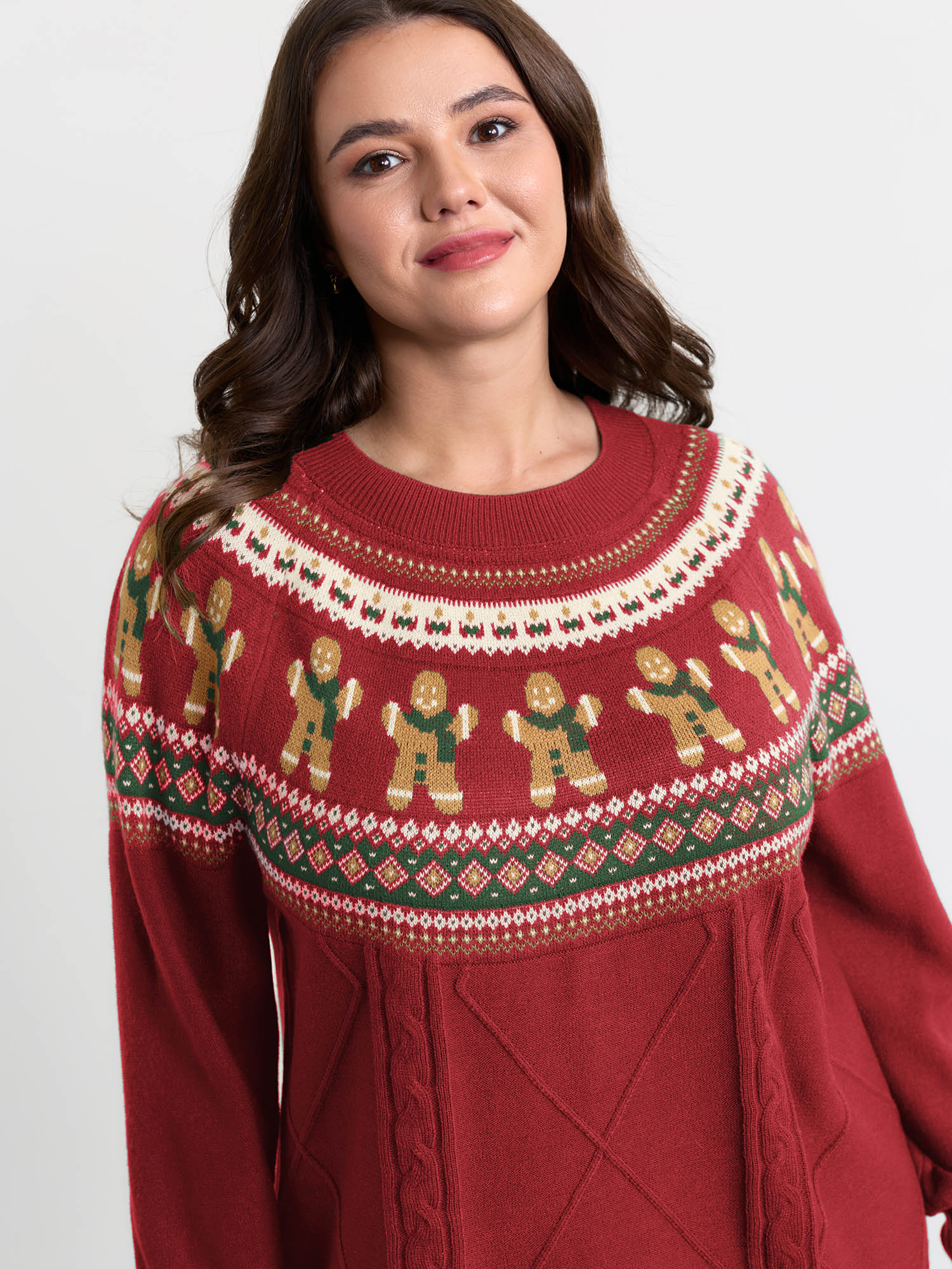 BloomChic Plus Size Gingerbread Fair-Isle Contrast Pullover - Curve Women's Winter Round Neck Boxy Jacquard Scarlet Raglan sleeve Pullovers 16/L