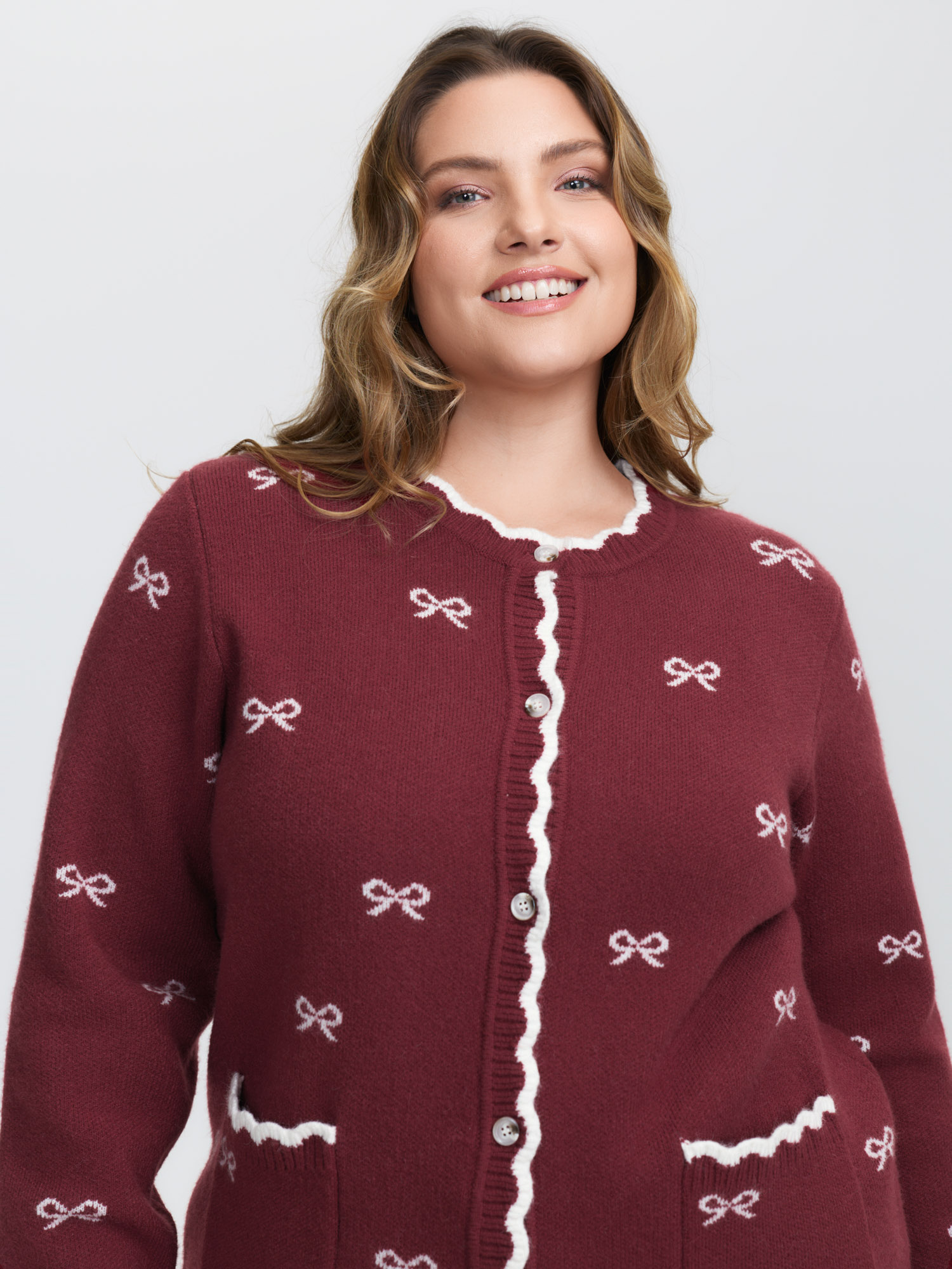 BloomChic Women's Plus Size Bowknot Jacquard Wavy Edge Knit Cardigan Scarlet Long Sleeve Round Neck 12/L