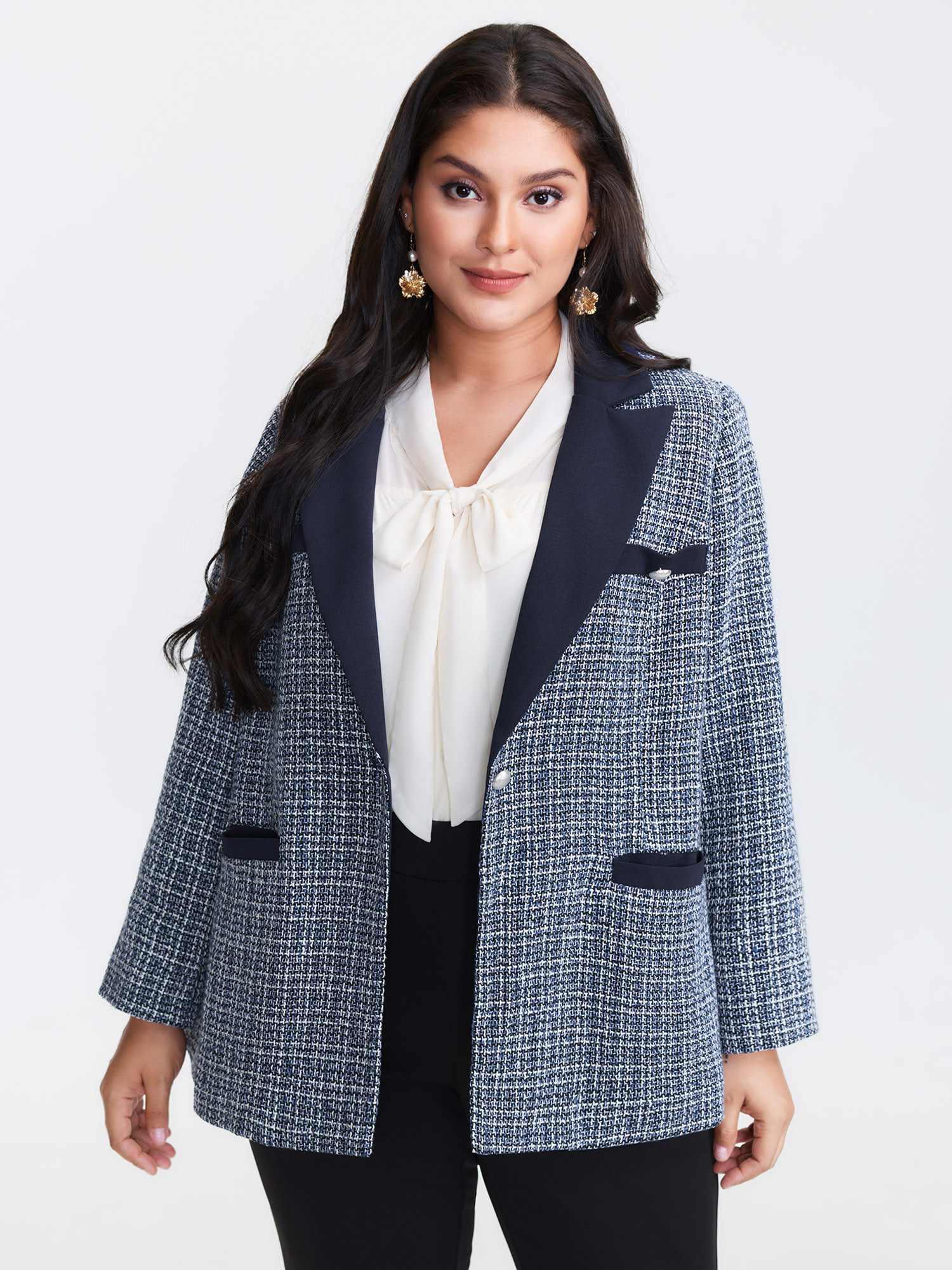 BloomChic Women's Plus Size Tweed Color Contrast Blazer DarkBlue Patchwork Sleeve Long Sleeve 28/5X-image-47591174799530