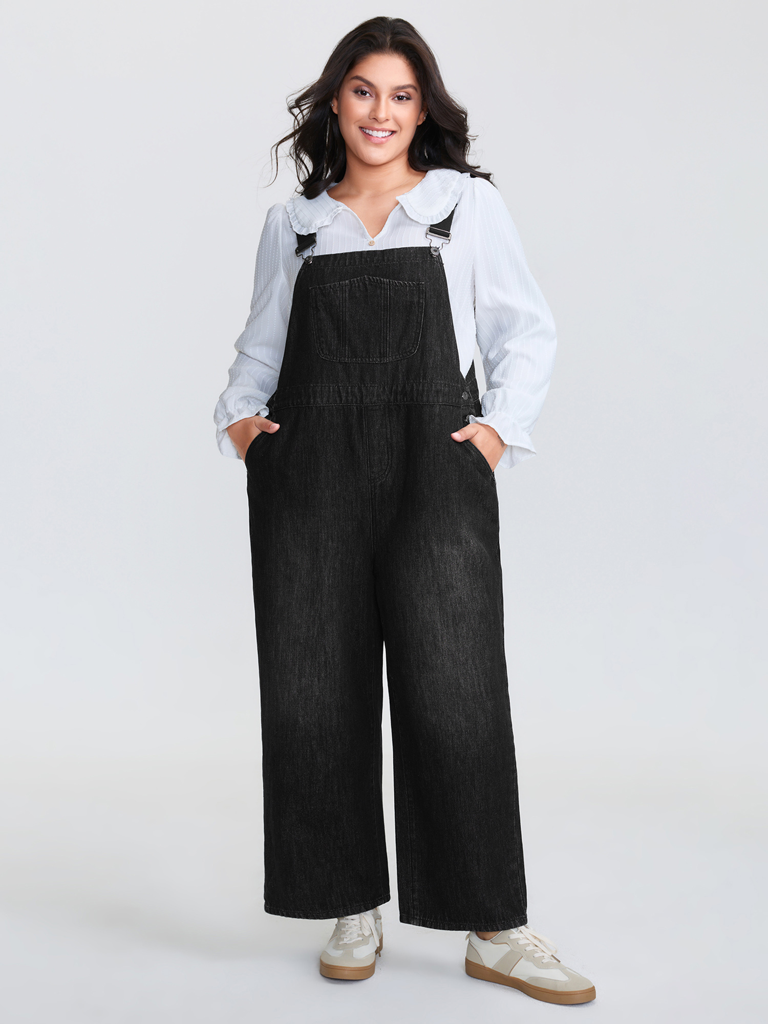 Side view of BloomChic Women's Plus Size Cotton Denim Adjustable Strap Pocketed Jumpsuit Acidwashblack not graphics Casual Button Front No stretch 28/5X