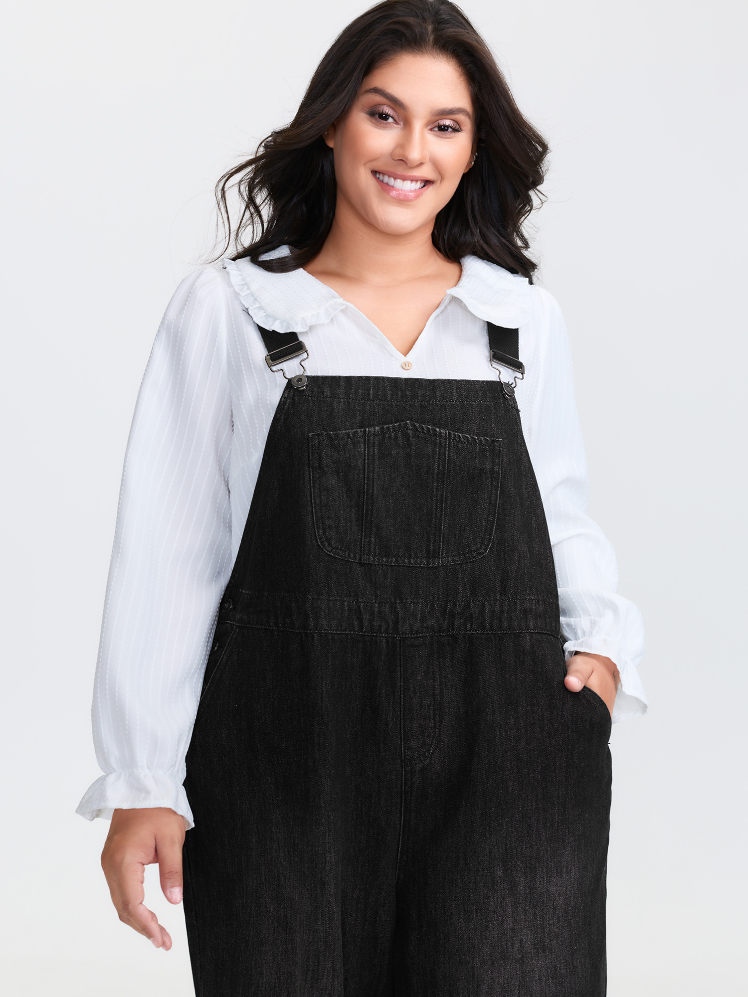 Side view of BloomChic Women's Plus Size Cotton Denim Adjustable Strap Pocketed Jumpsuit Acidwashblack not graphics Casual Button Front No stretch 28/5X
