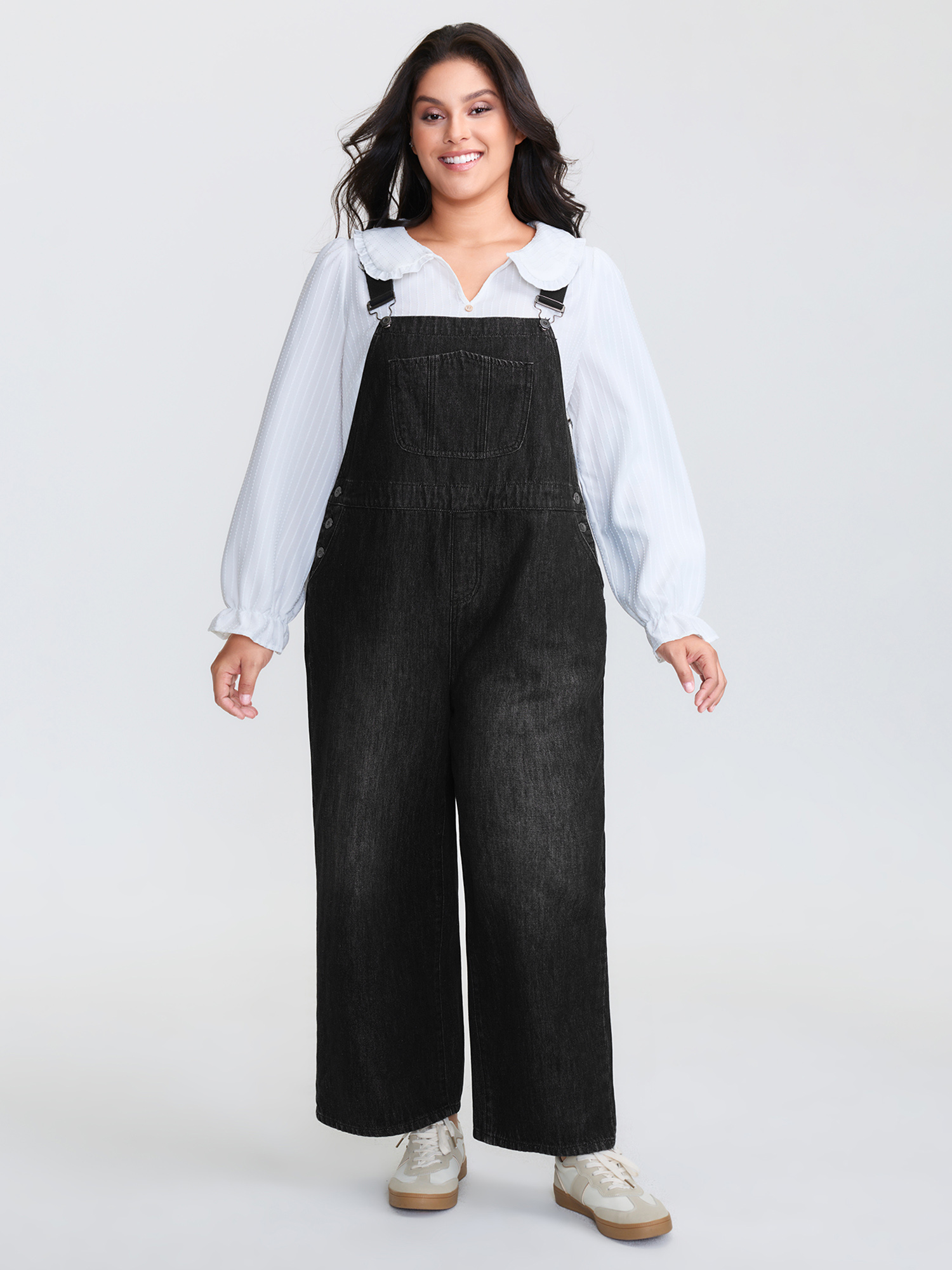 BloomChic Women's Plus Size Cotton Denim Adjustable Strap Pocketed Jumpsuit Acidwashblack not graphics Casual Button Front No stretch 26/4X-image-47697802952874