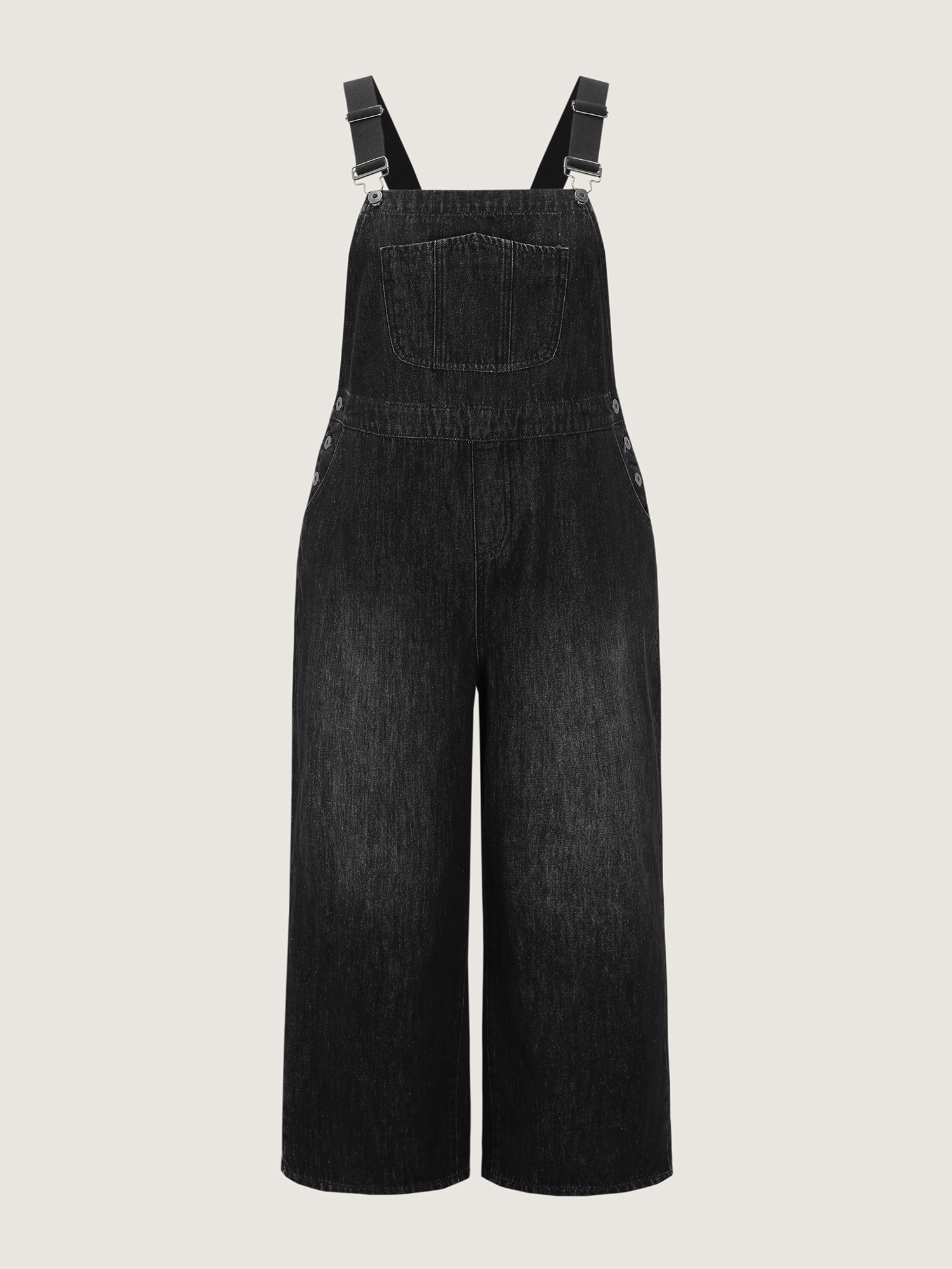 Side view of BloomChic Women's Plus Size Cotton Denim Adjustable Strap Pocketed Jumpsuit Acidwashblack not graphics Casual Button Front No stretch 28/5X