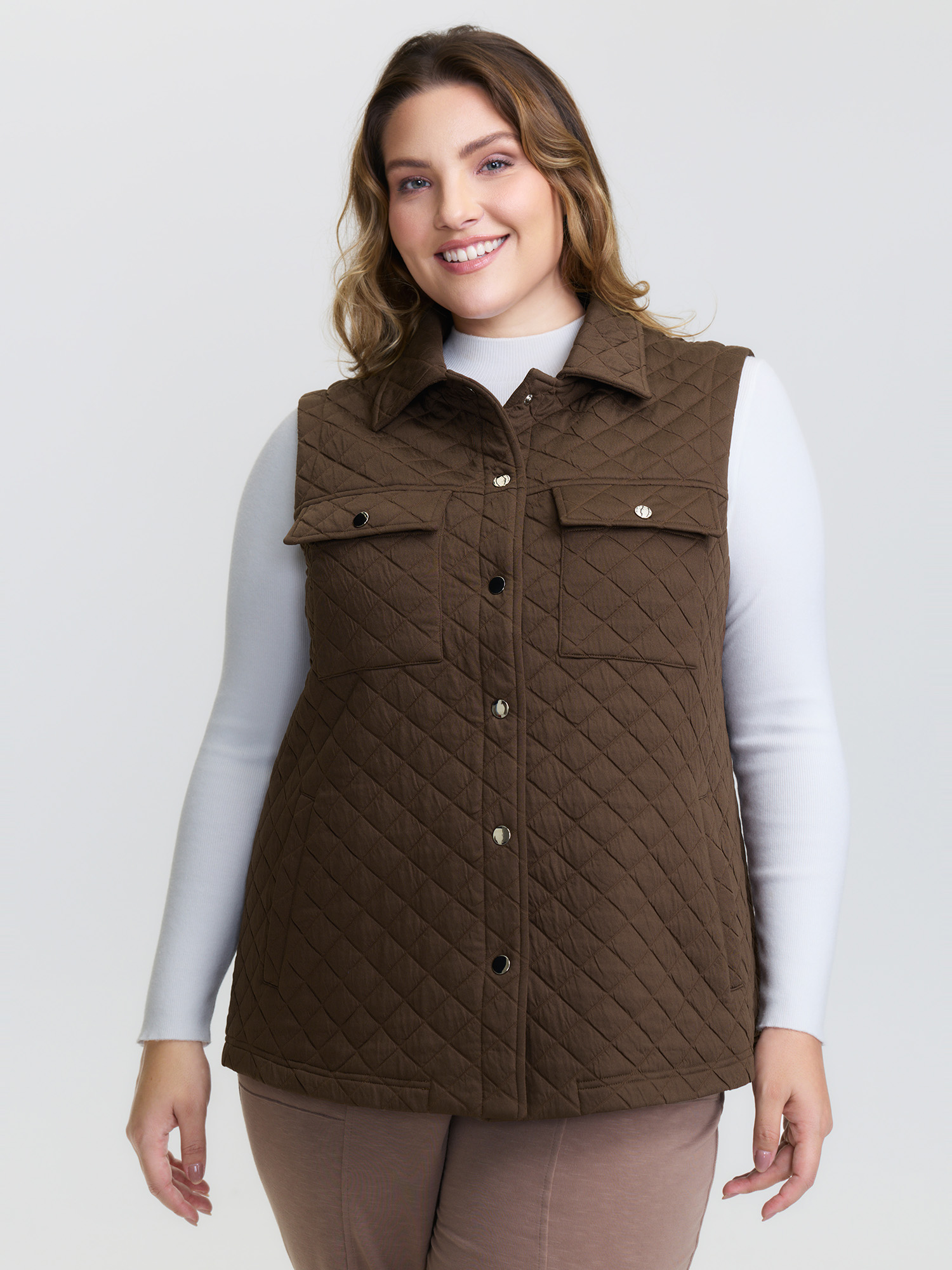 Side view of BloomChic Women's Plus Size Quilted Chest Pockets Button Vest Browncoffeecolor Topstitching 26/4X