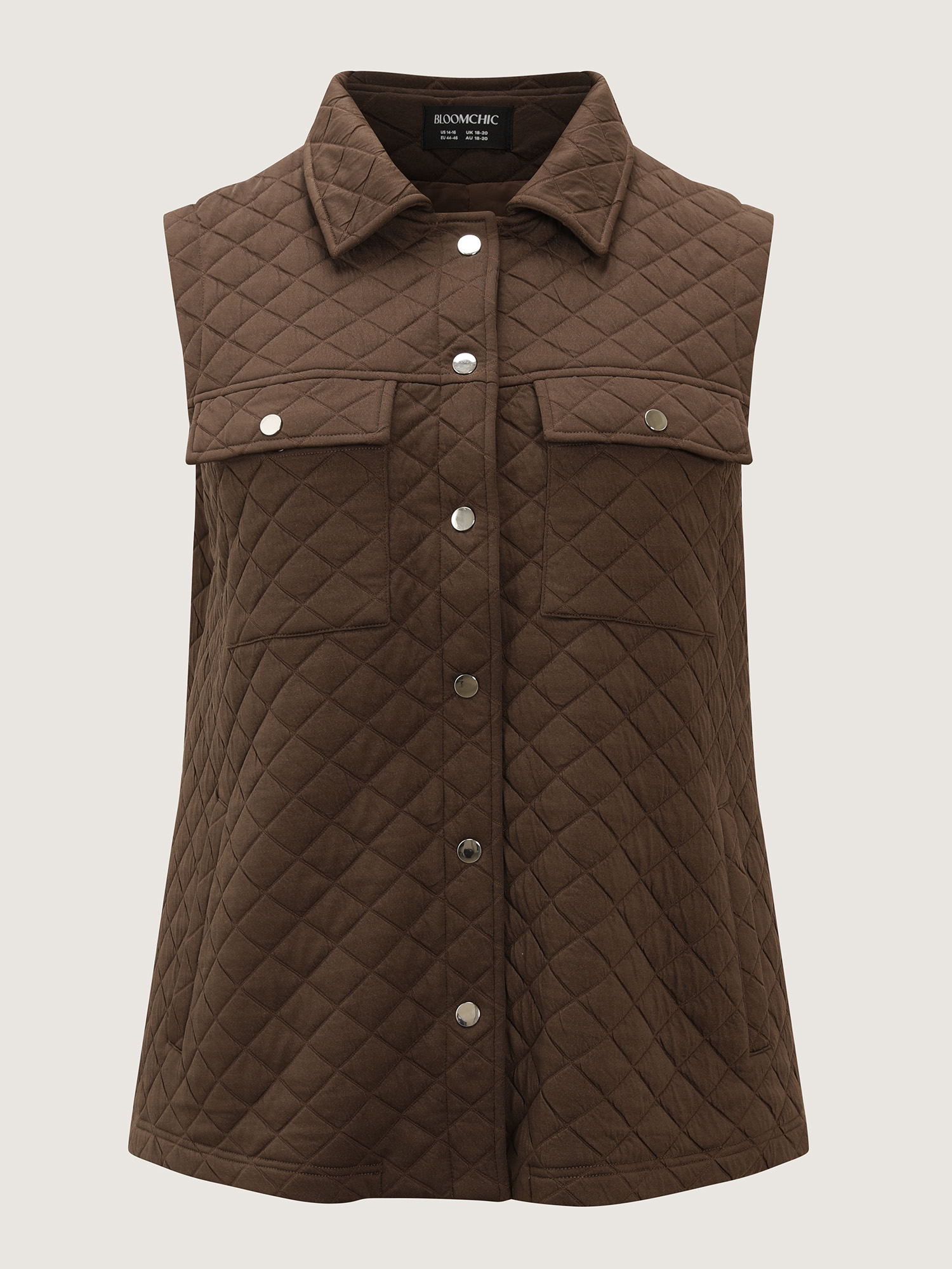 Side view of BloomChic Women's Plus Size Quilted Chest Pockets Button Vest Browncoffeecolor Topstitching 26/4X