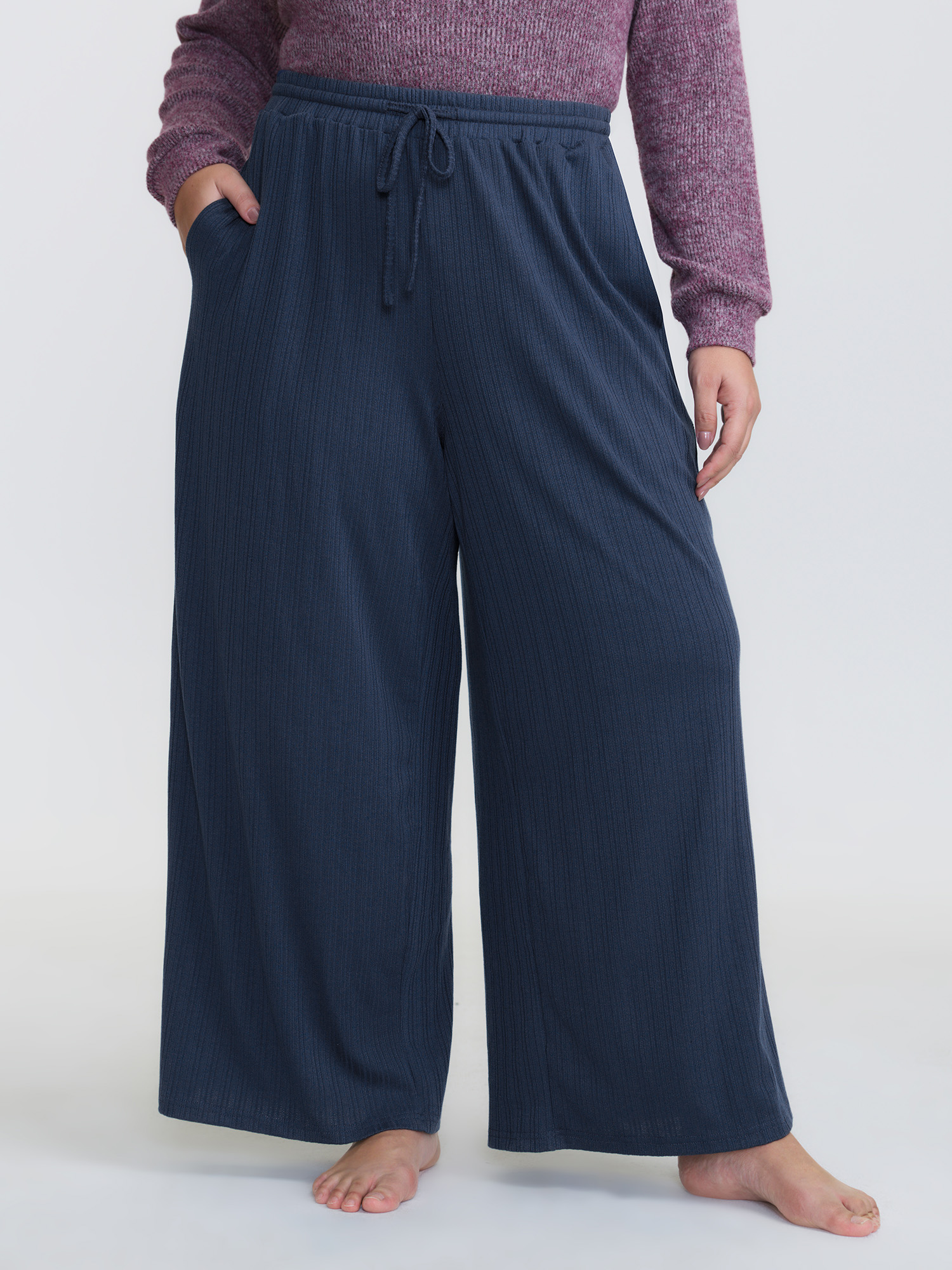 Side view of BloomChic Women's Plus Size Drawstring Waist Cozy Lounge Bottoms DarkBlue Full 12/L
