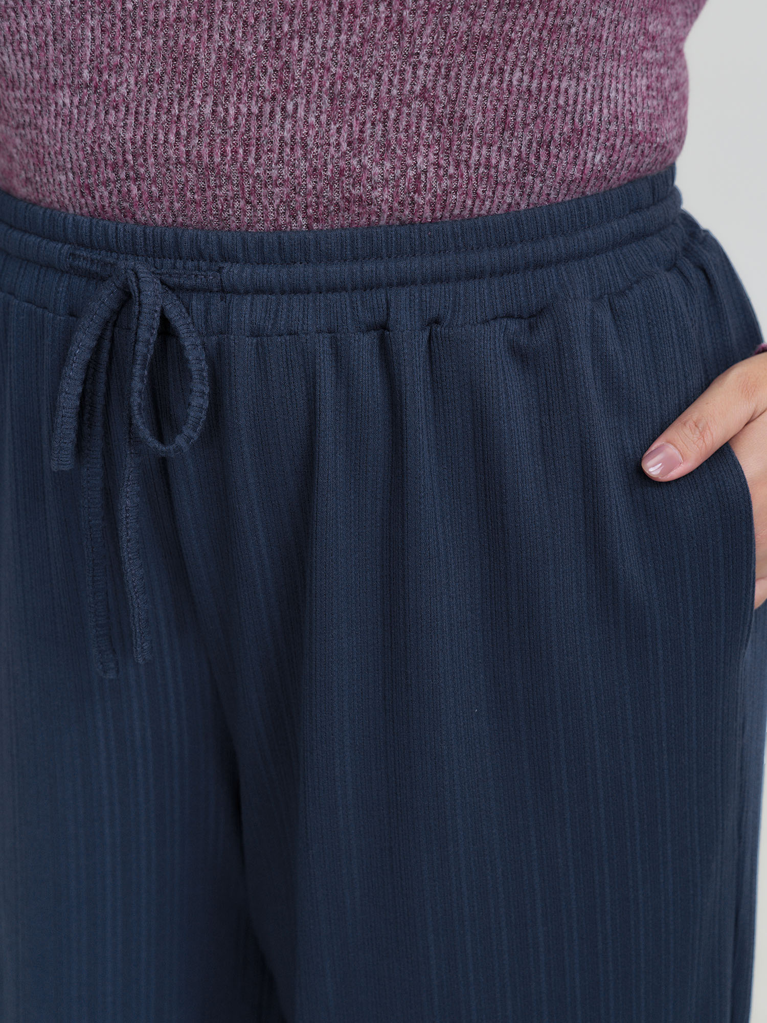 Side view of BloomChic Women's Plus Size Drawstring Waist Cozy Lounge Bottoms DarkBlue Full 12/L