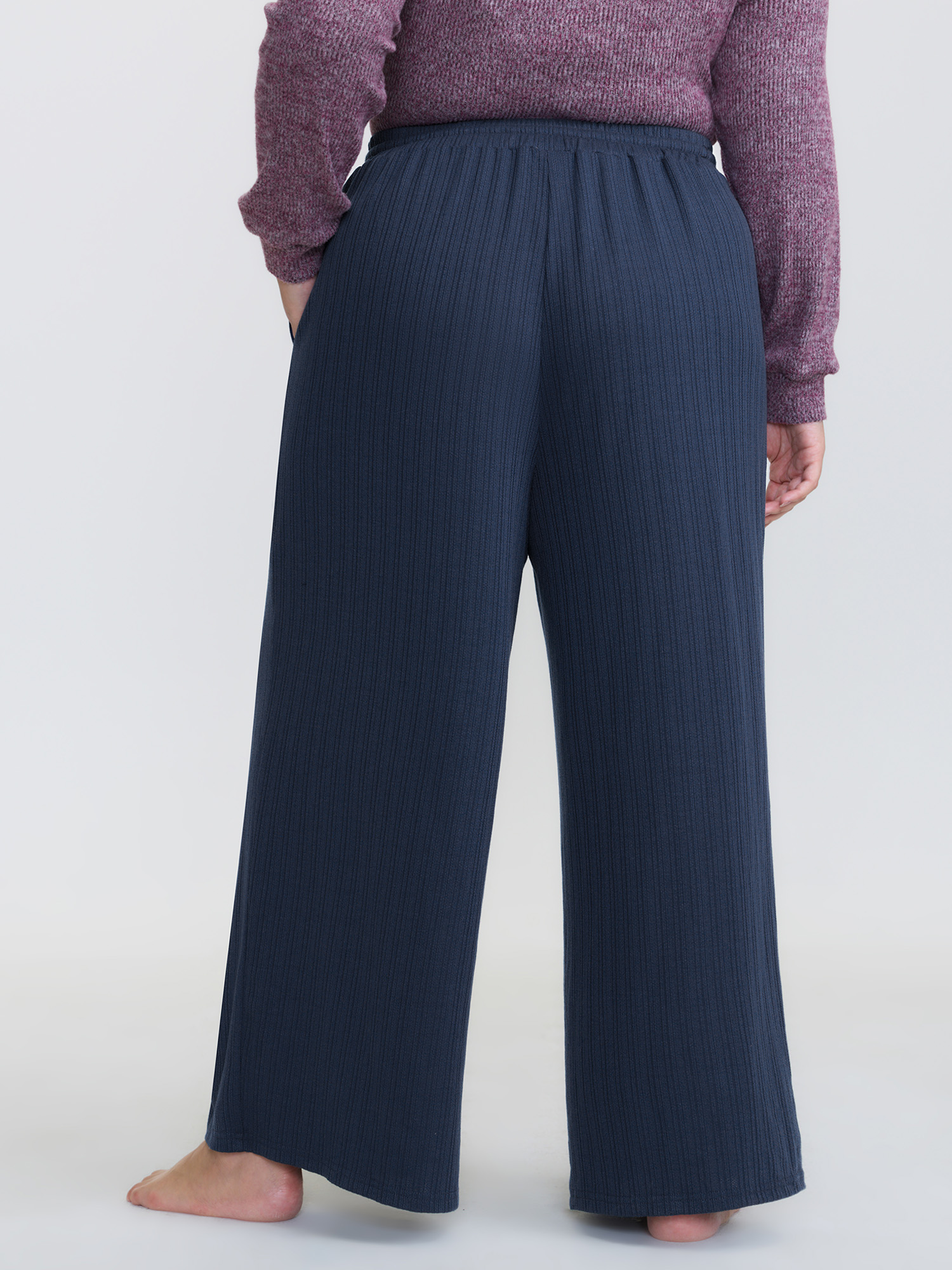 Side view of BloomChic Women's Plus Size Drawstring Waist Cozy Lounge Bottoms DarkBlue Full 12/L