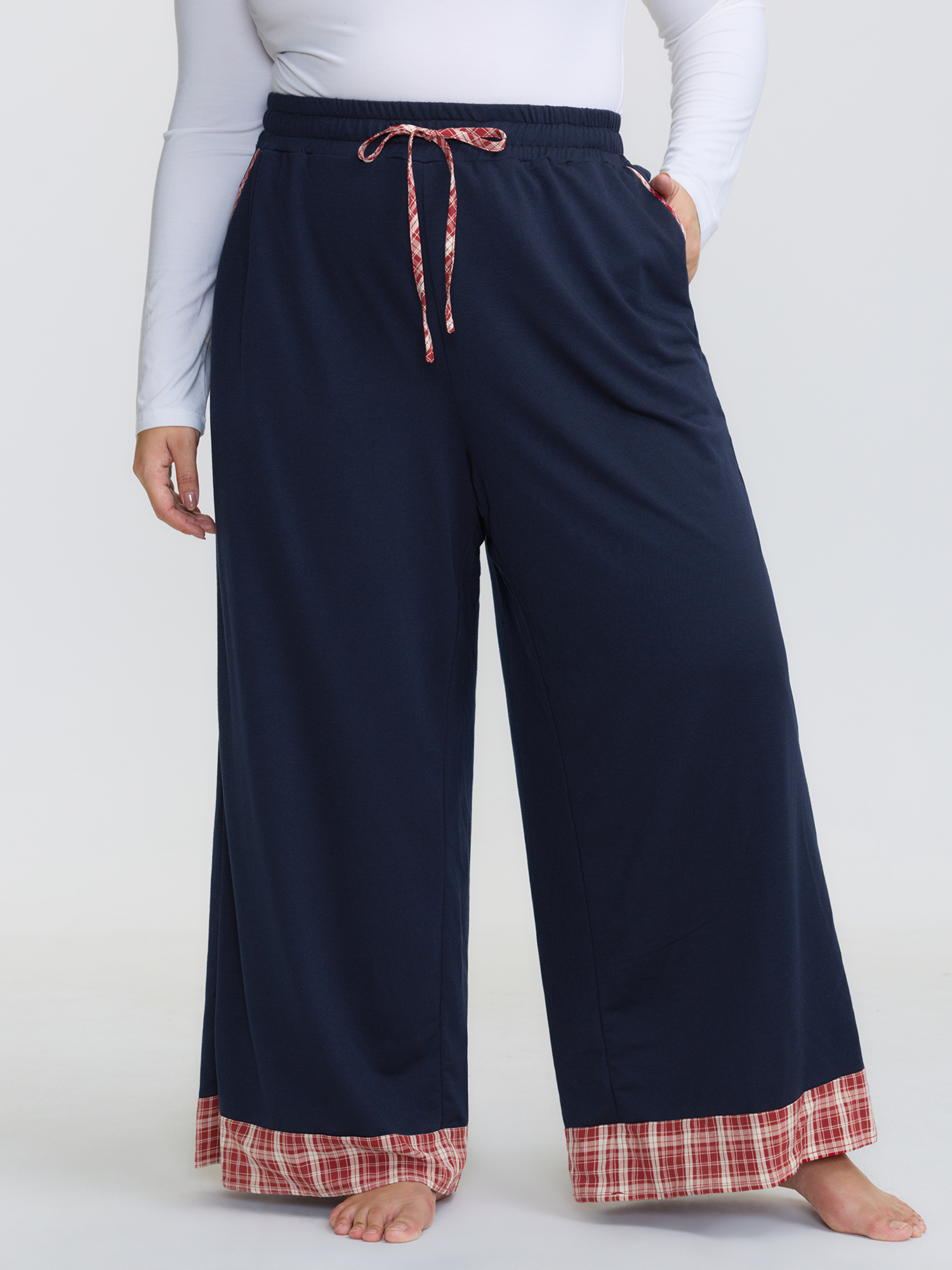 BloomChic Women's Plus Size Gingham Edges Stretchy Drawstring Lounge Bottoms Indigo Tall 18-20/2X-image-47638604316842