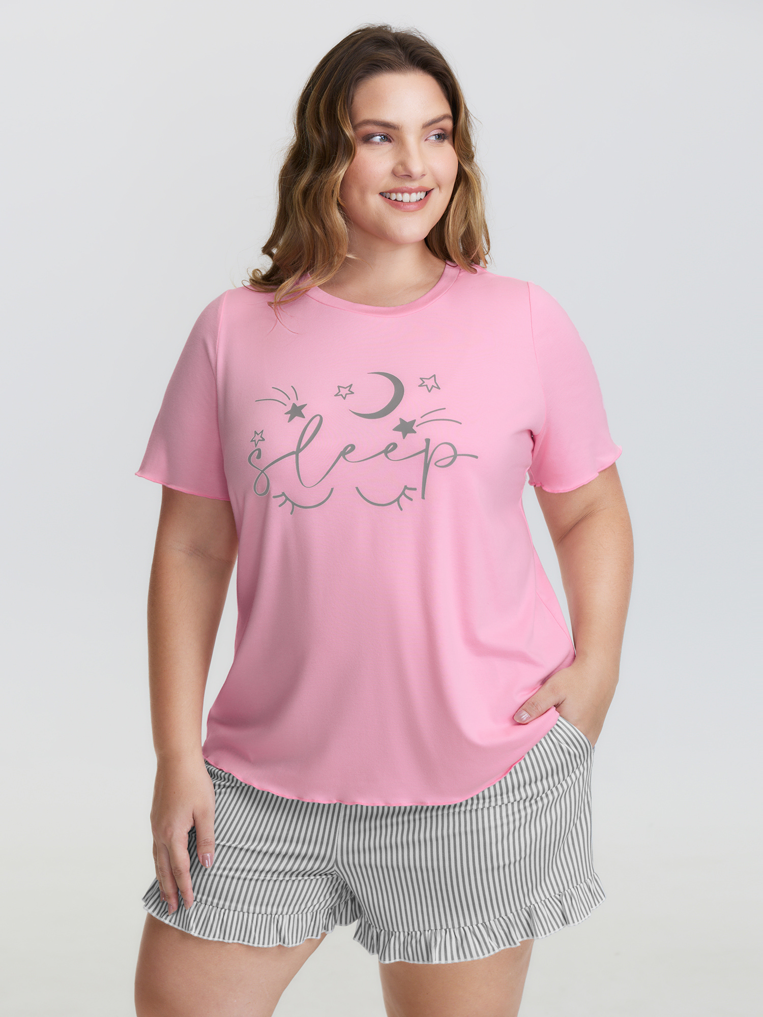 BloomChic Women's Plus Size Sweet Dreams Color Contrast Pajama Set Lightpink Art&design 30/6X-image-47679336415402