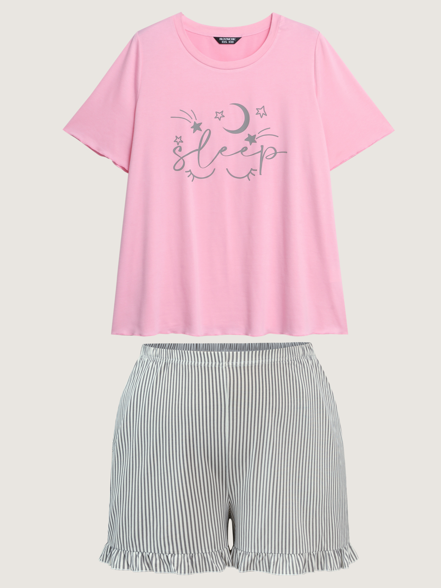 Side view of BloomChic Women's Plus Size Sweet Dreams Color Contrast Pajama Set Lightpink Art&design 28/5X