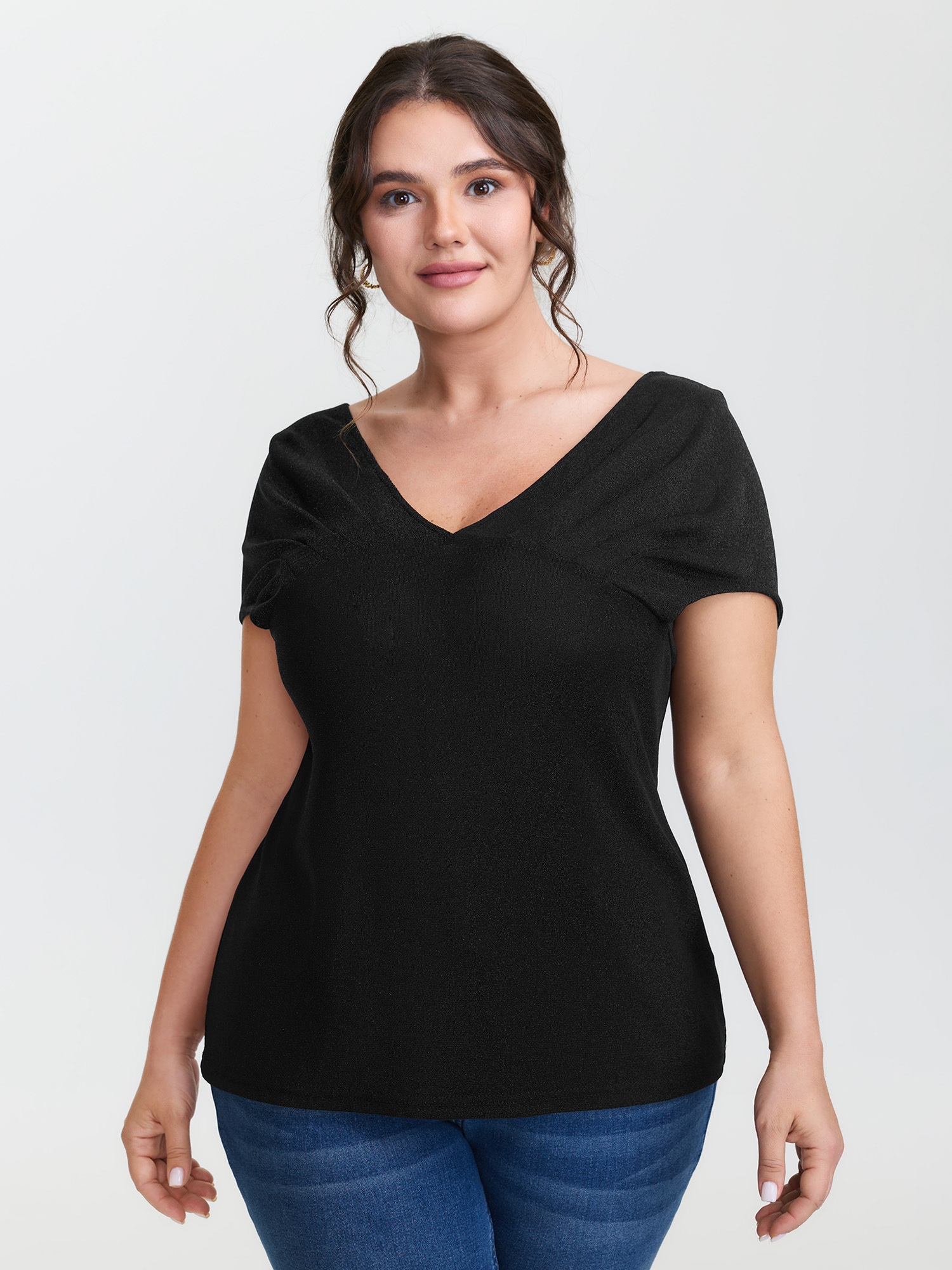 BloomChic Women's Plus Size Festive Shimmer Super Pleated Shoulder Top Black Short sleeve Everyday-Elegant 10/M