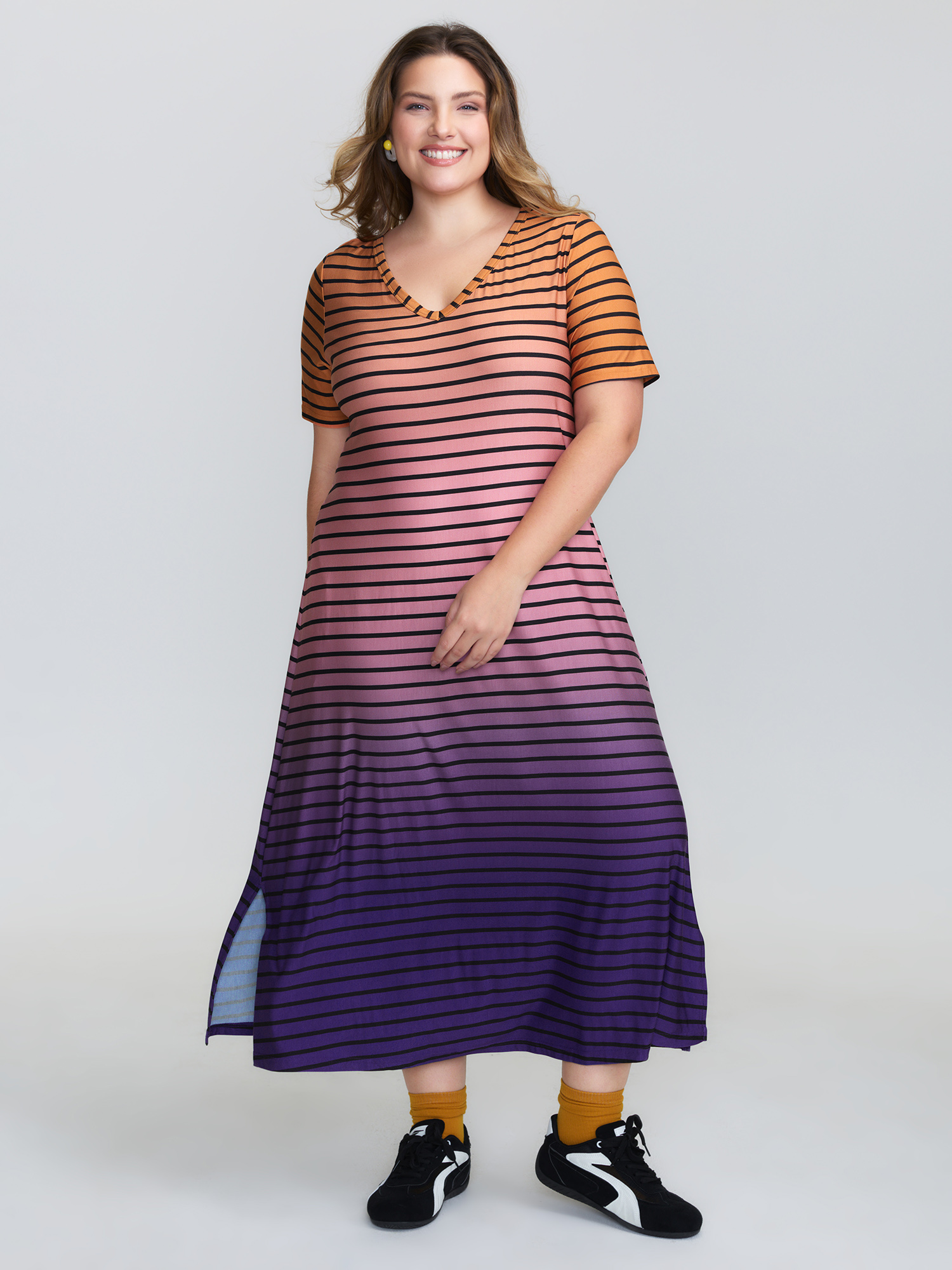BloomChic Women's Plus Size Color Gradient Stripe Slit Lounge Dress Multicolor Midi 26/4X-image-47628395479210