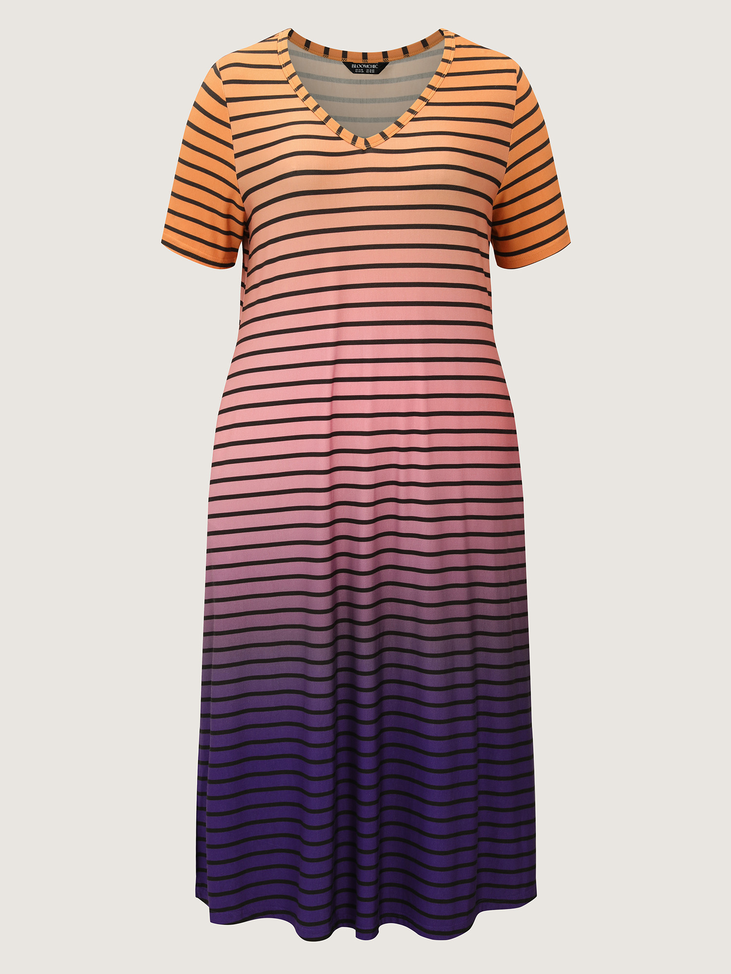 Side view of BloomChic Women's Plus Size Color Gradient Stripe Slit Lounge Dress Multicolor Midi 30/6X