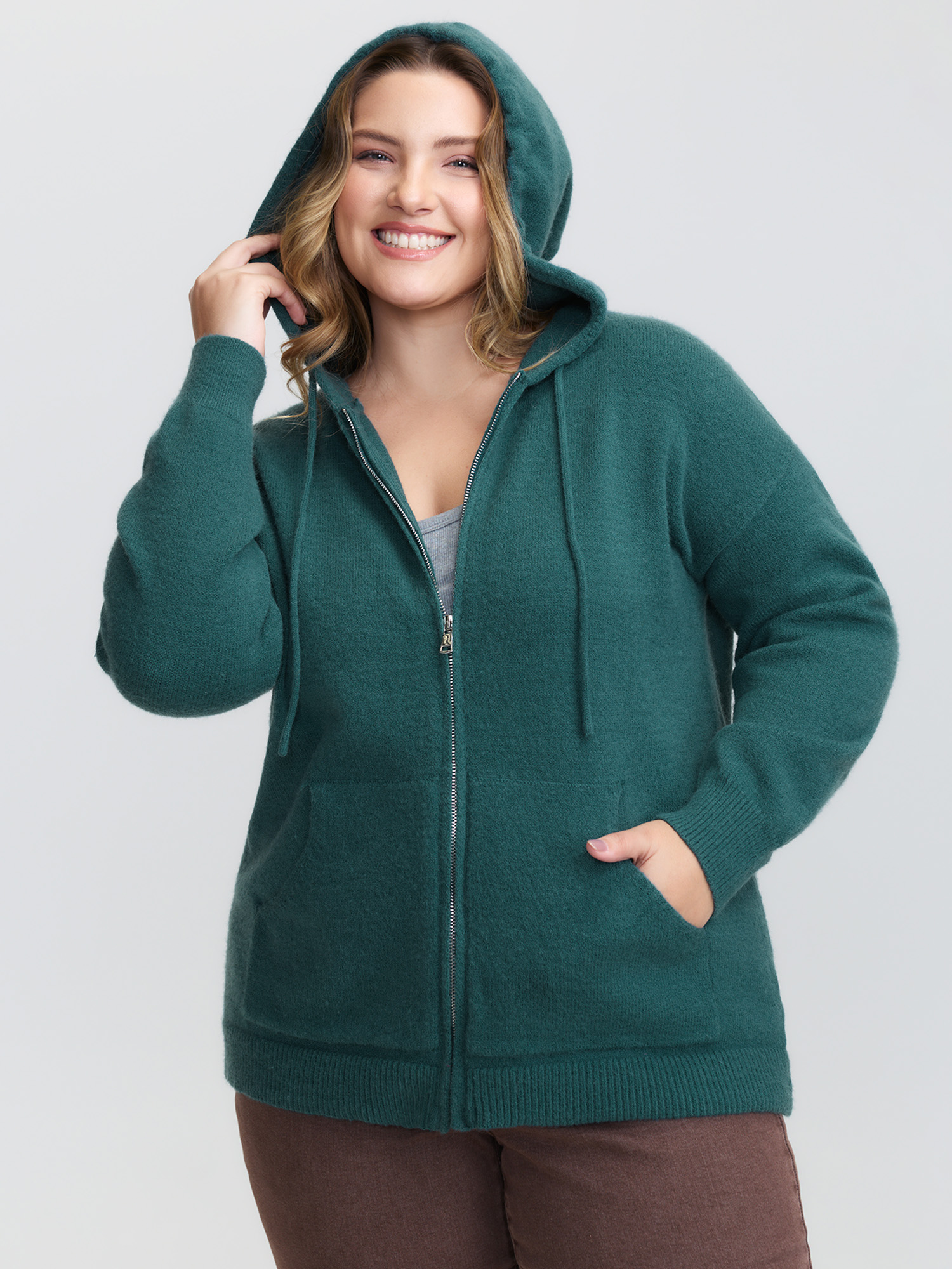 BloomChic Women's Plus Size Supersoft Zipper Pockets Hooded Knit Cardigan Cyan Long Sleeve 10/M