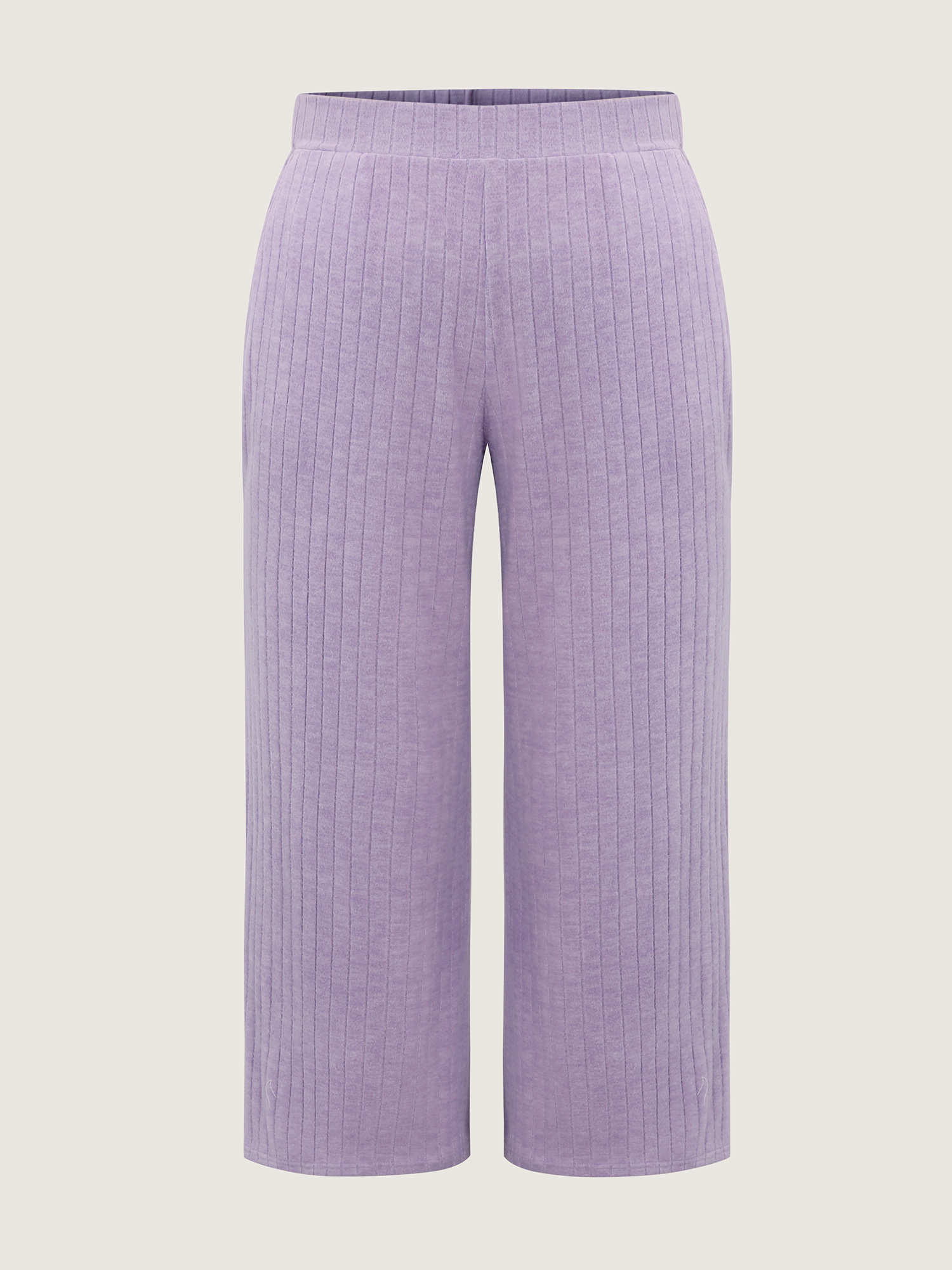 Side view of BloomChic Women's Plus Size Brushed Ribbed Wide-Leg Lounge Bottoms Lilac Short 26/4X