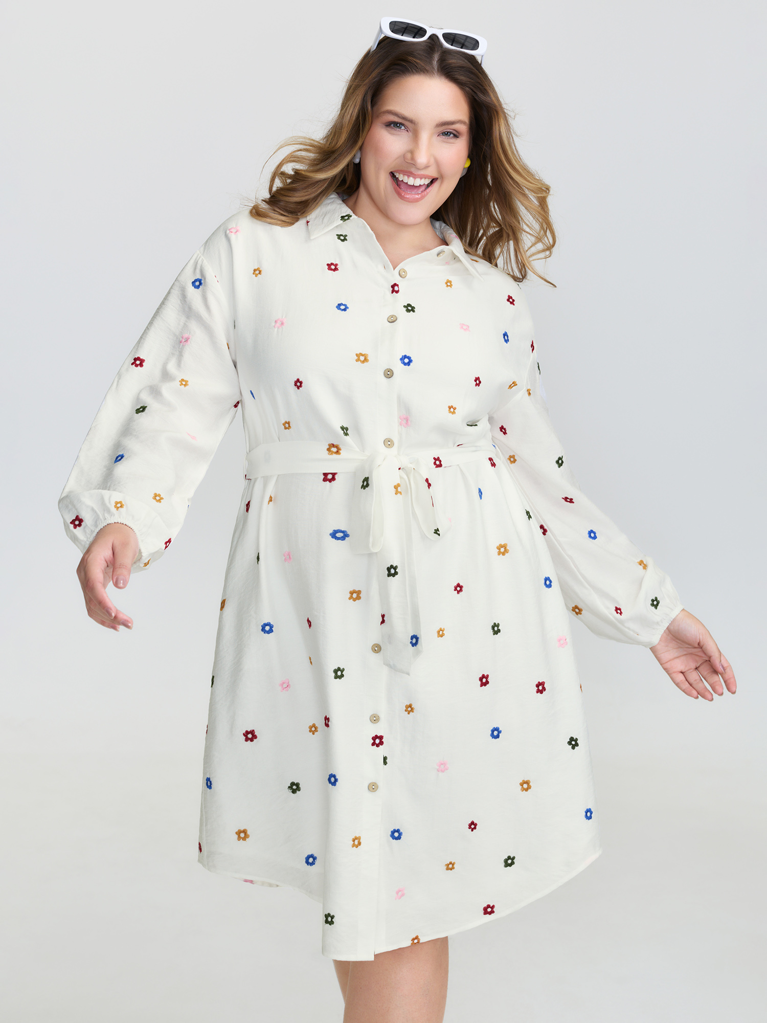 BloomChic Women's Plus Size Colorful Floral Embroidery Pockets Midi Dress WhiteSmoke Floral Midi Everyday-Casual Embroidered 10/M