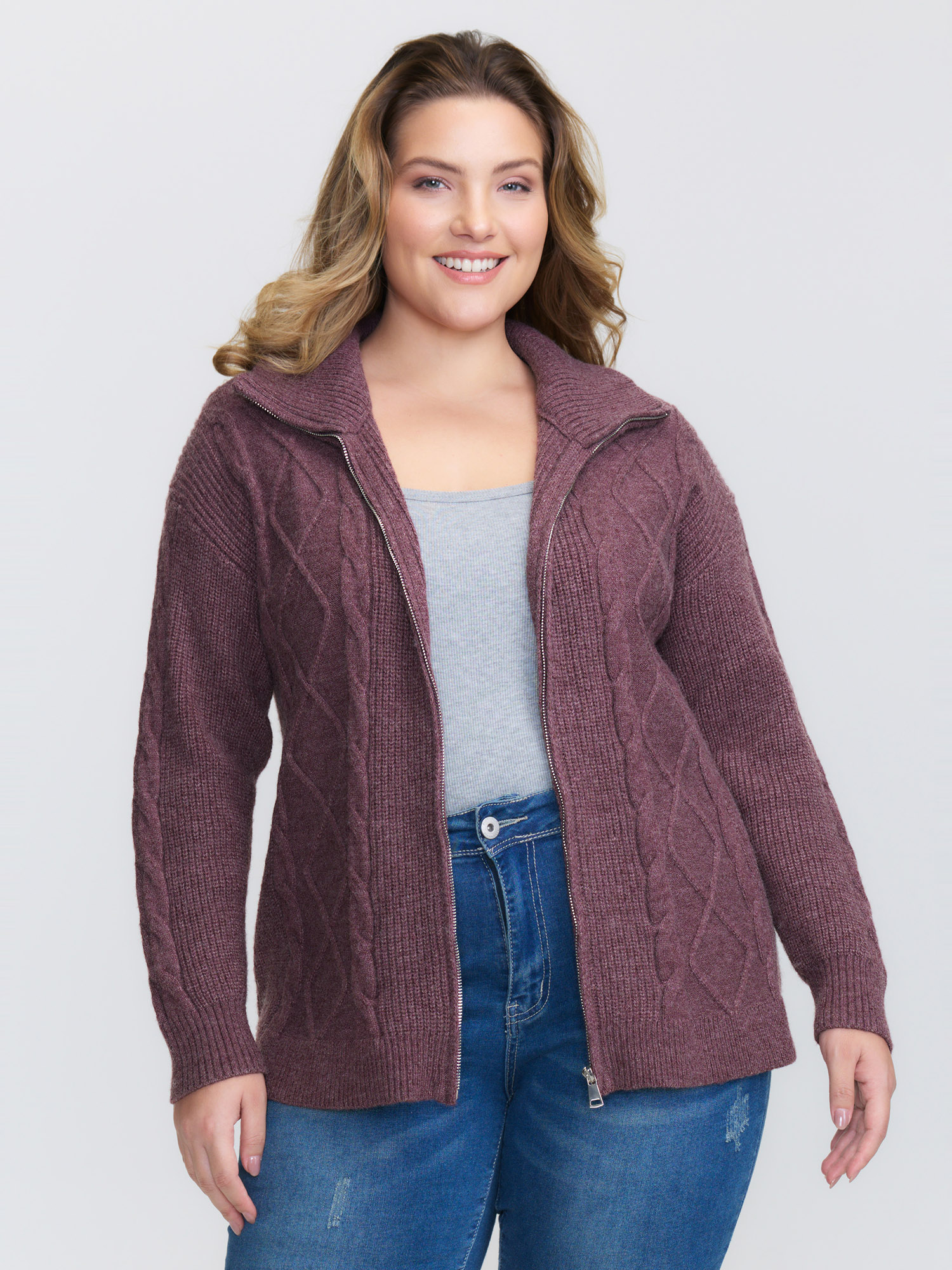 BloomChic Women's Plus Size Textured Zipper Solid Knit Cardigan Deepred Long Sleeve 10/M
